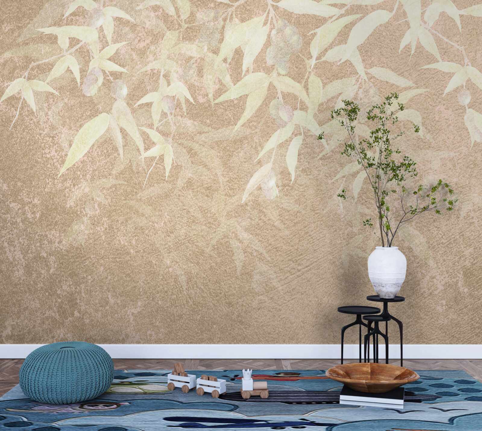 Papier peint fond brun décoré de feuilles