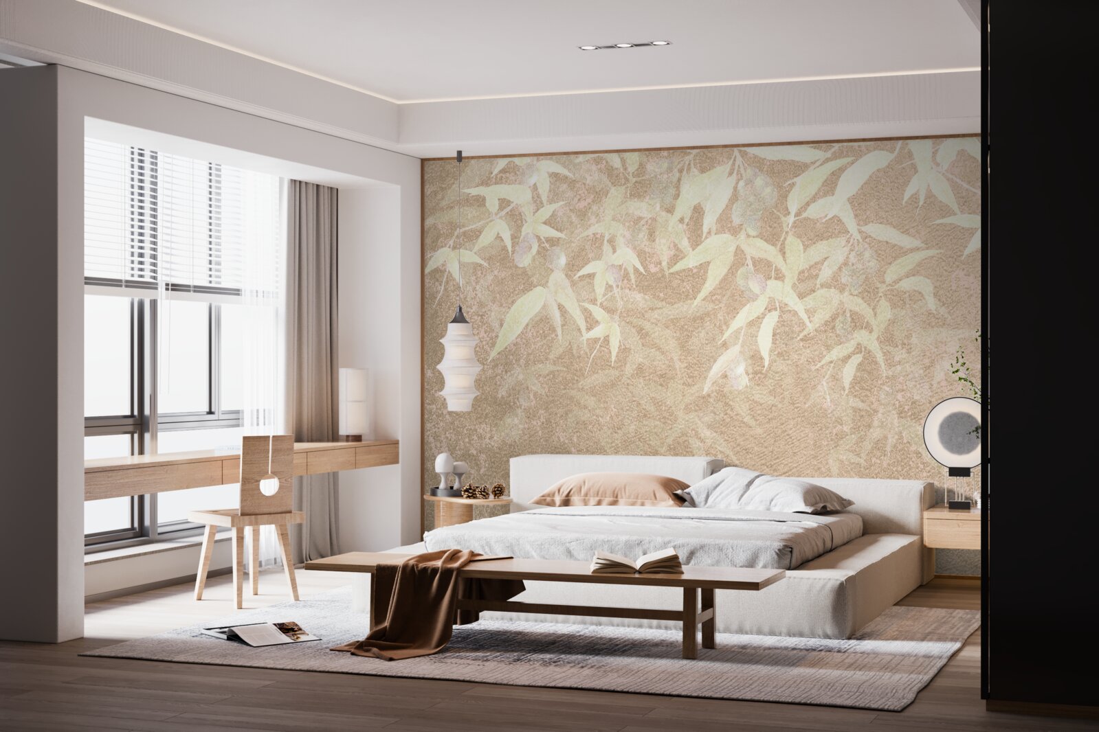 Papier peint fond brun décoré de feuilles