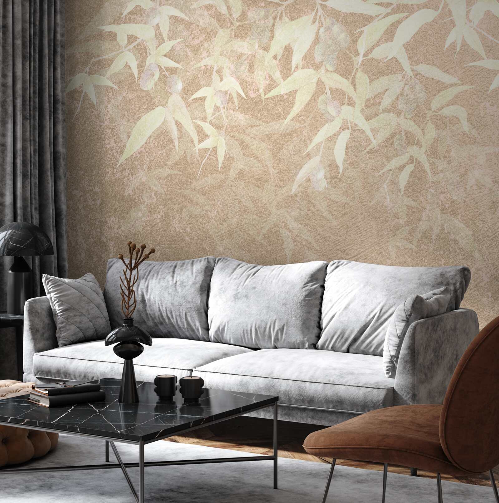 Papier peint fond brun décoré de feuilles