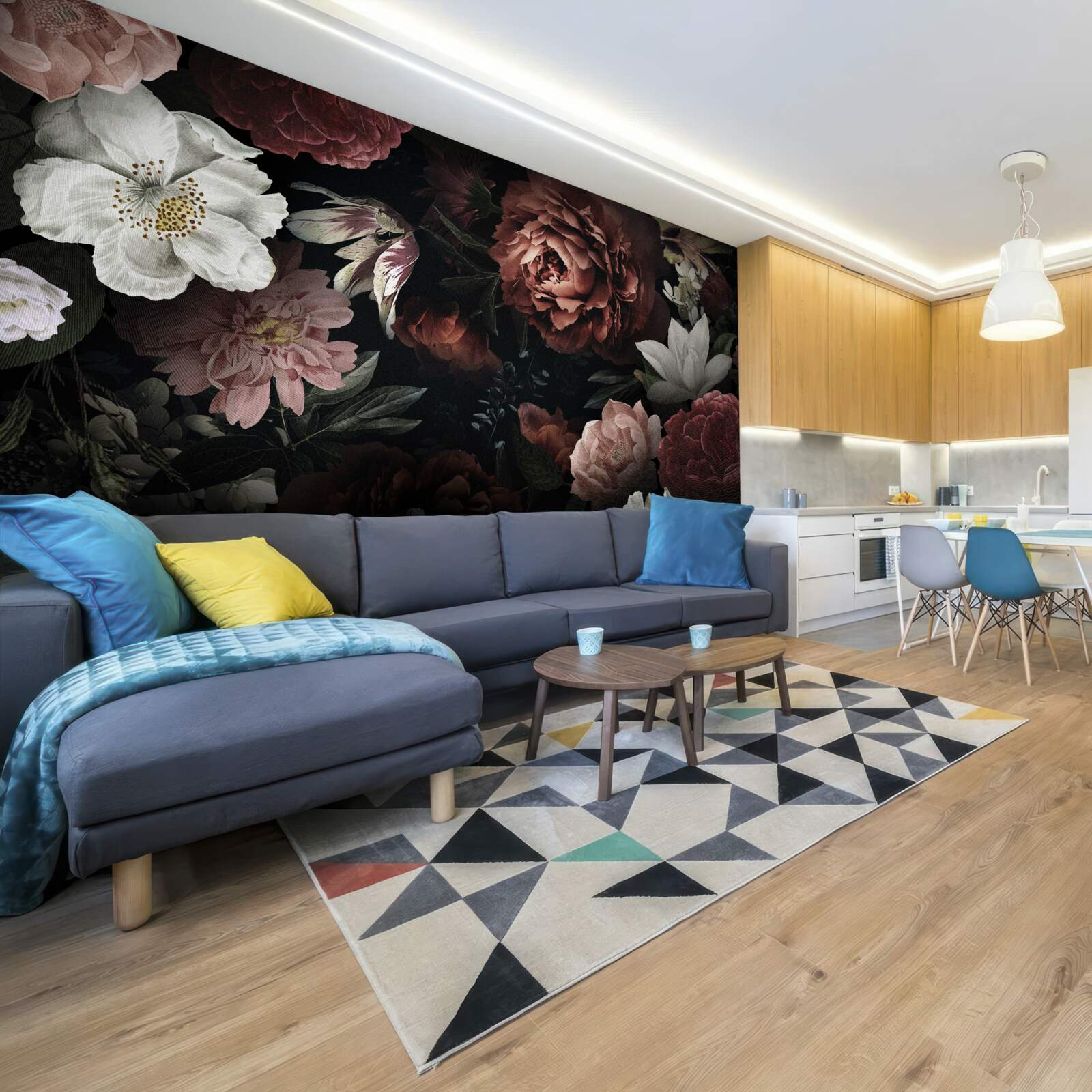 Papier peint fleurs de différentes teintes sur fond noir