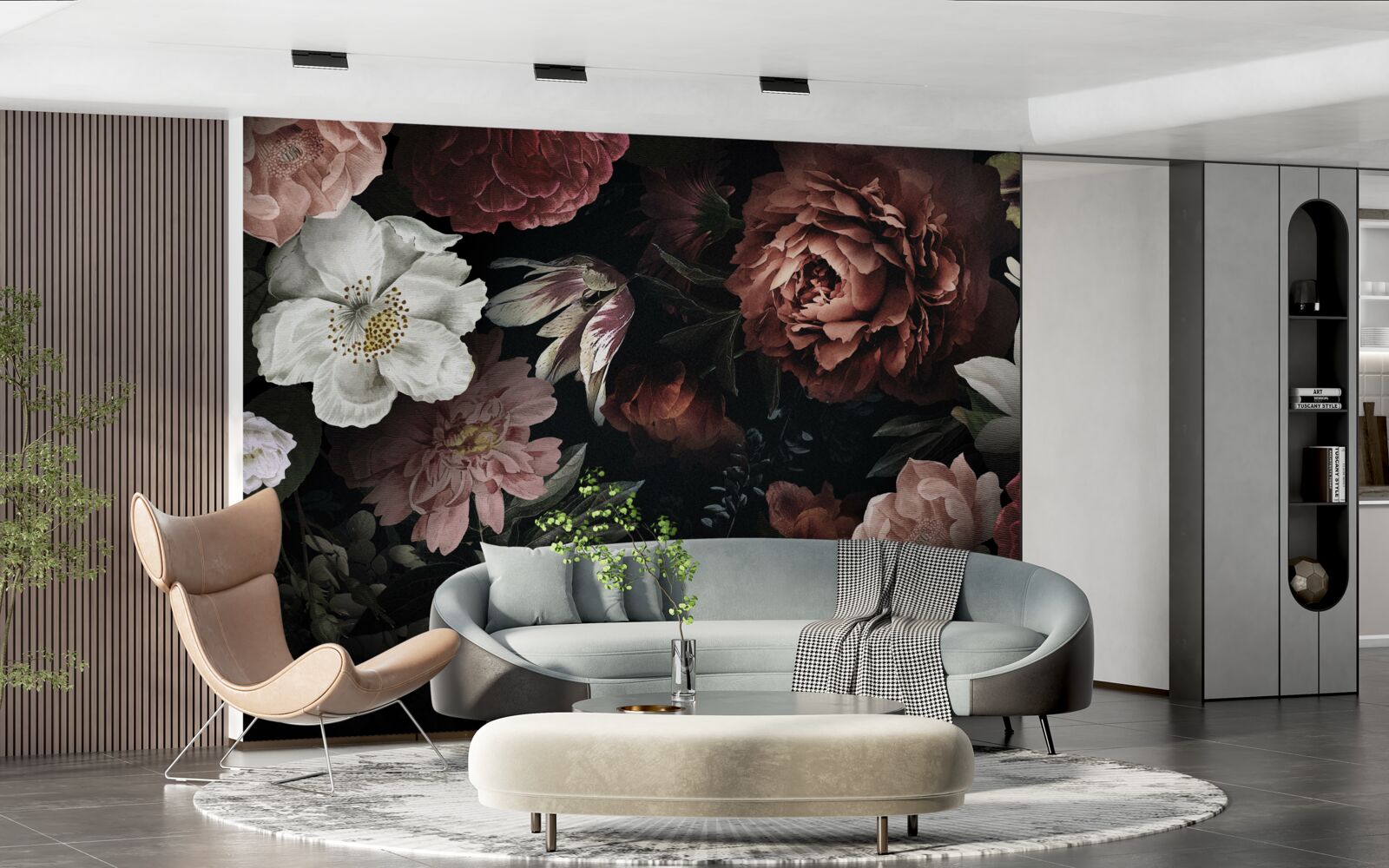 Papier peint fleurs de différentes teintes sur fond noir