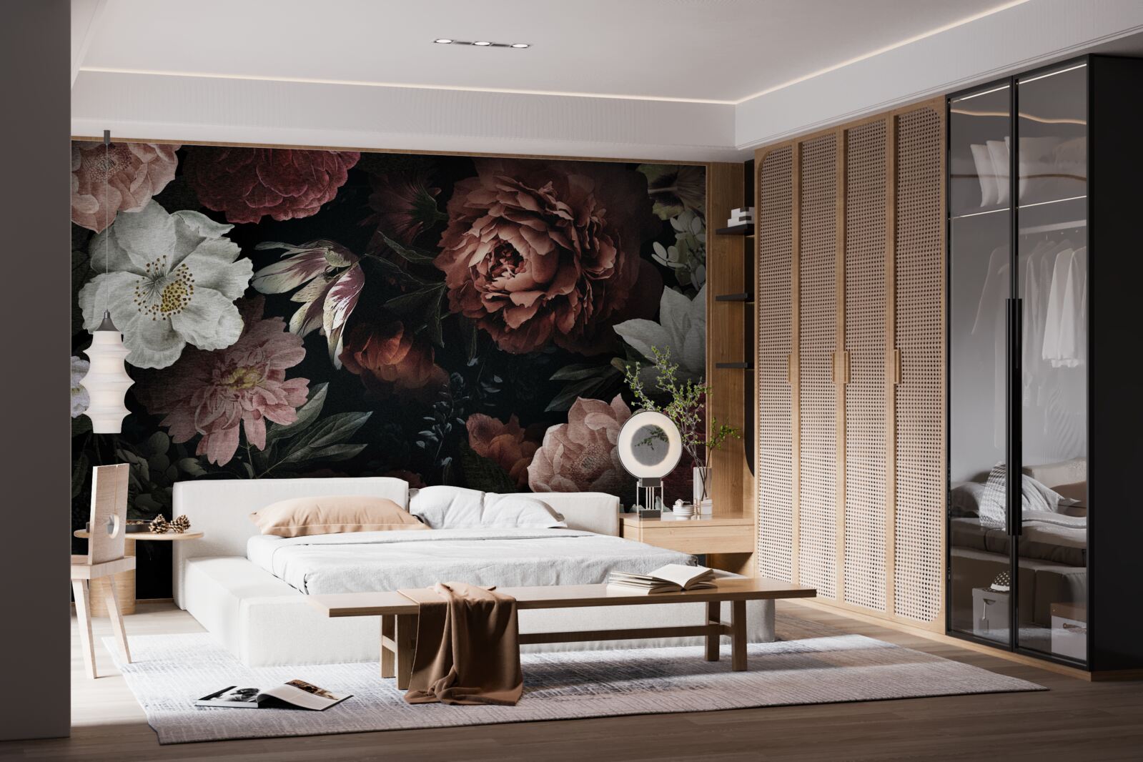 Papier peint fleurs de différentes teintes sur fond noir