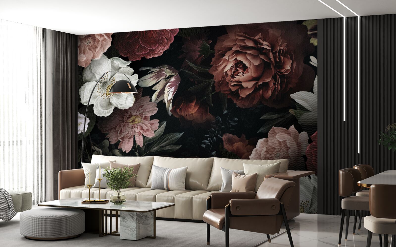 Papier peint fleurs de différentes teintes sur fond noir