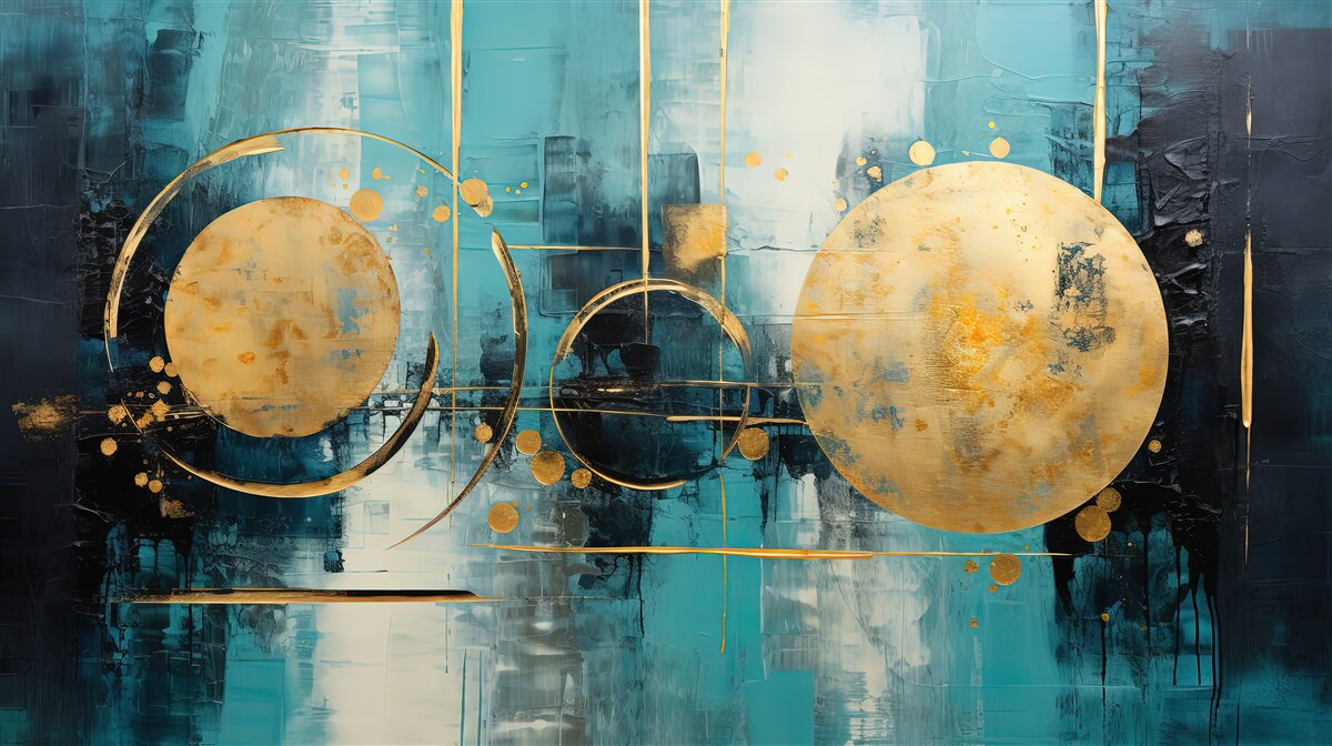 Papier peint abstrait dans les tons or et turquoise