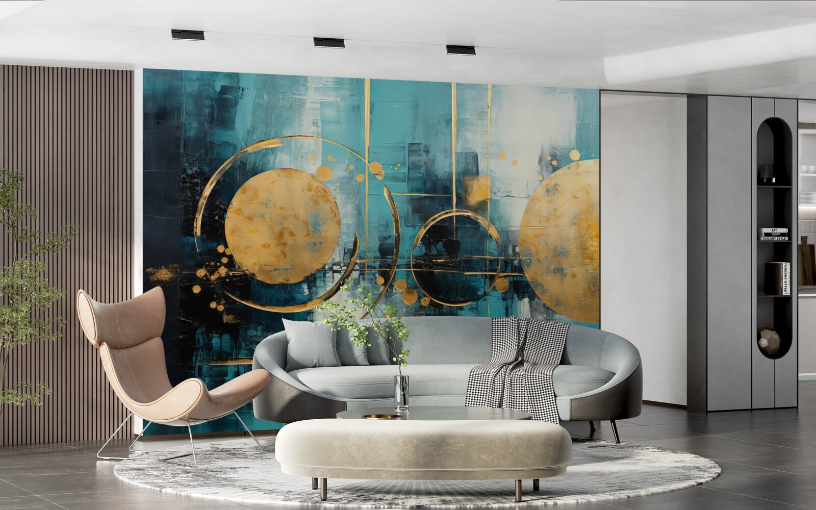 Papier peint abstrait dans les tons or et turquoise