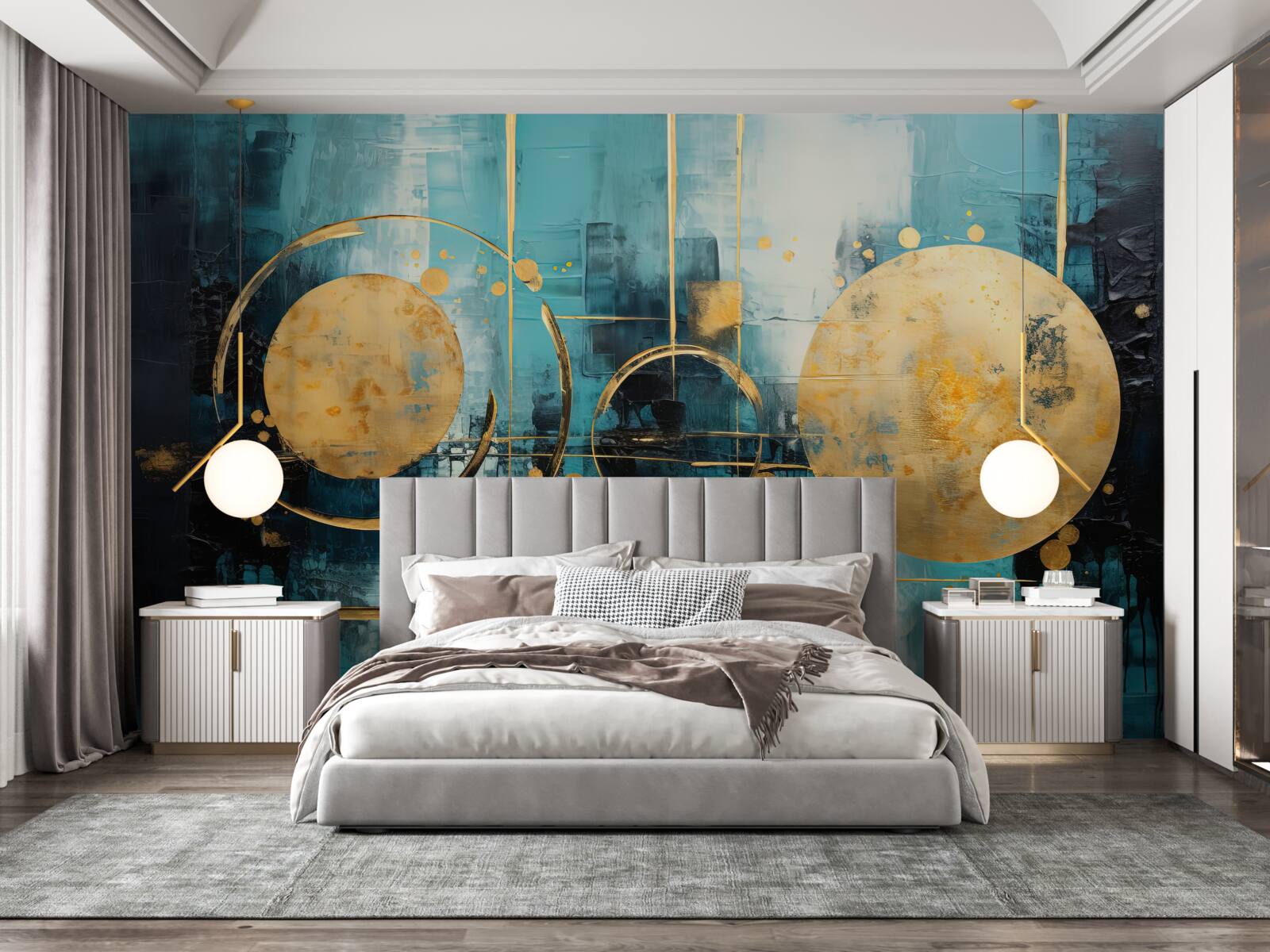 Papier peint abstrait dans les tons or et turquoise