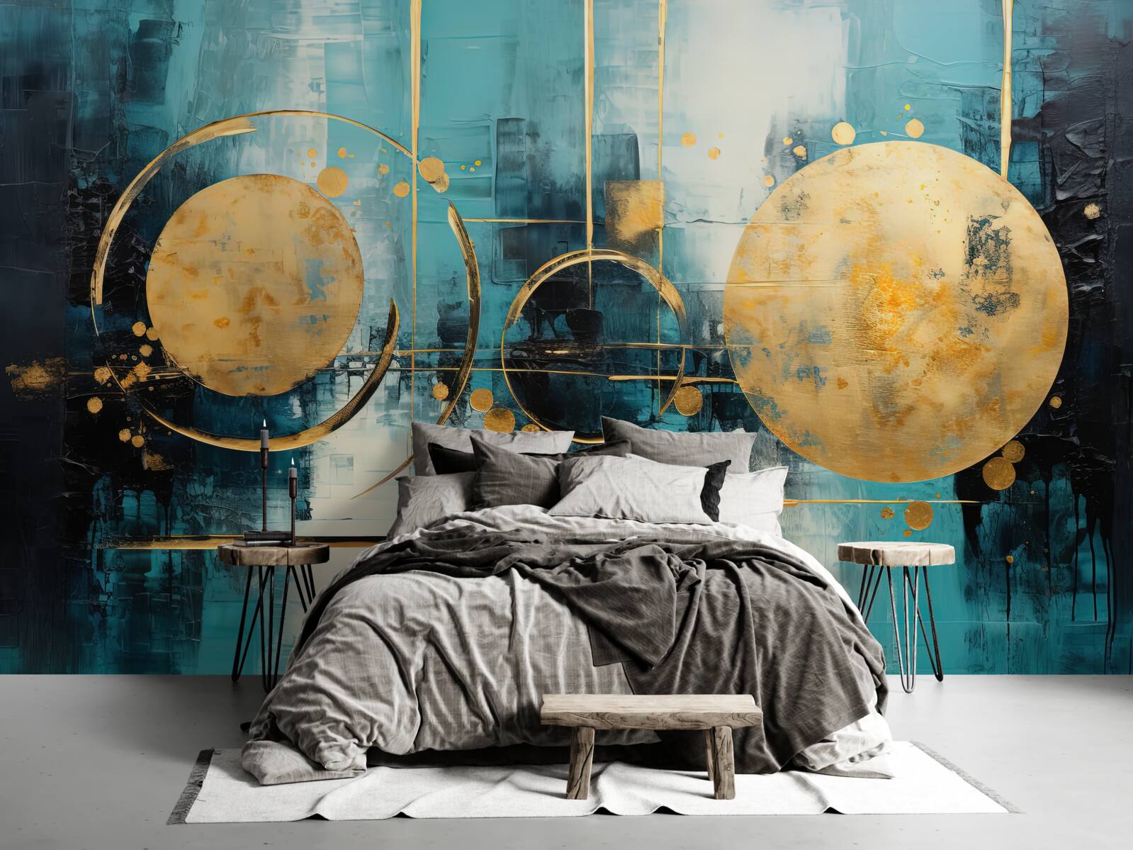 Papier peint abstrait dans les tons or et turquoise