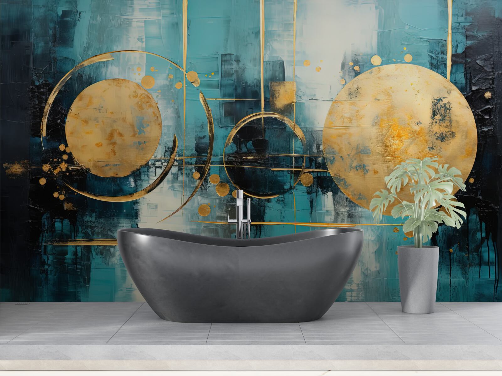 Papier peint abstrait dans les tons or et turquoise