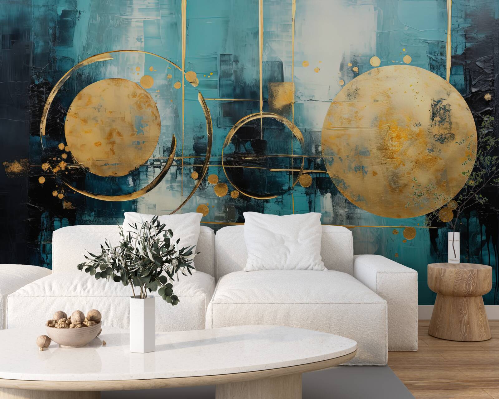 Papier peint abstrait dans les tons or et turquoise