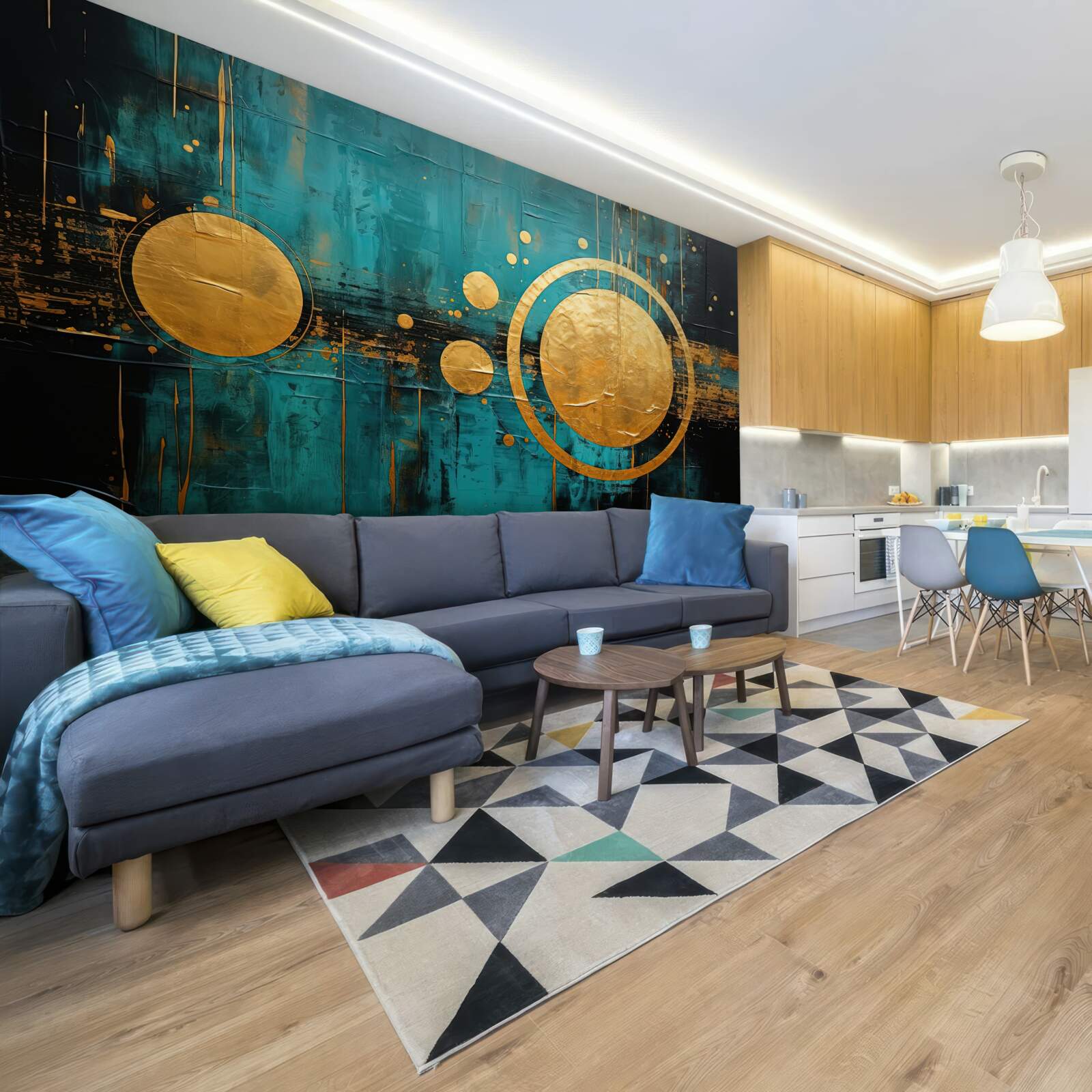 Papier peint fond turquoise avec cercles dorés