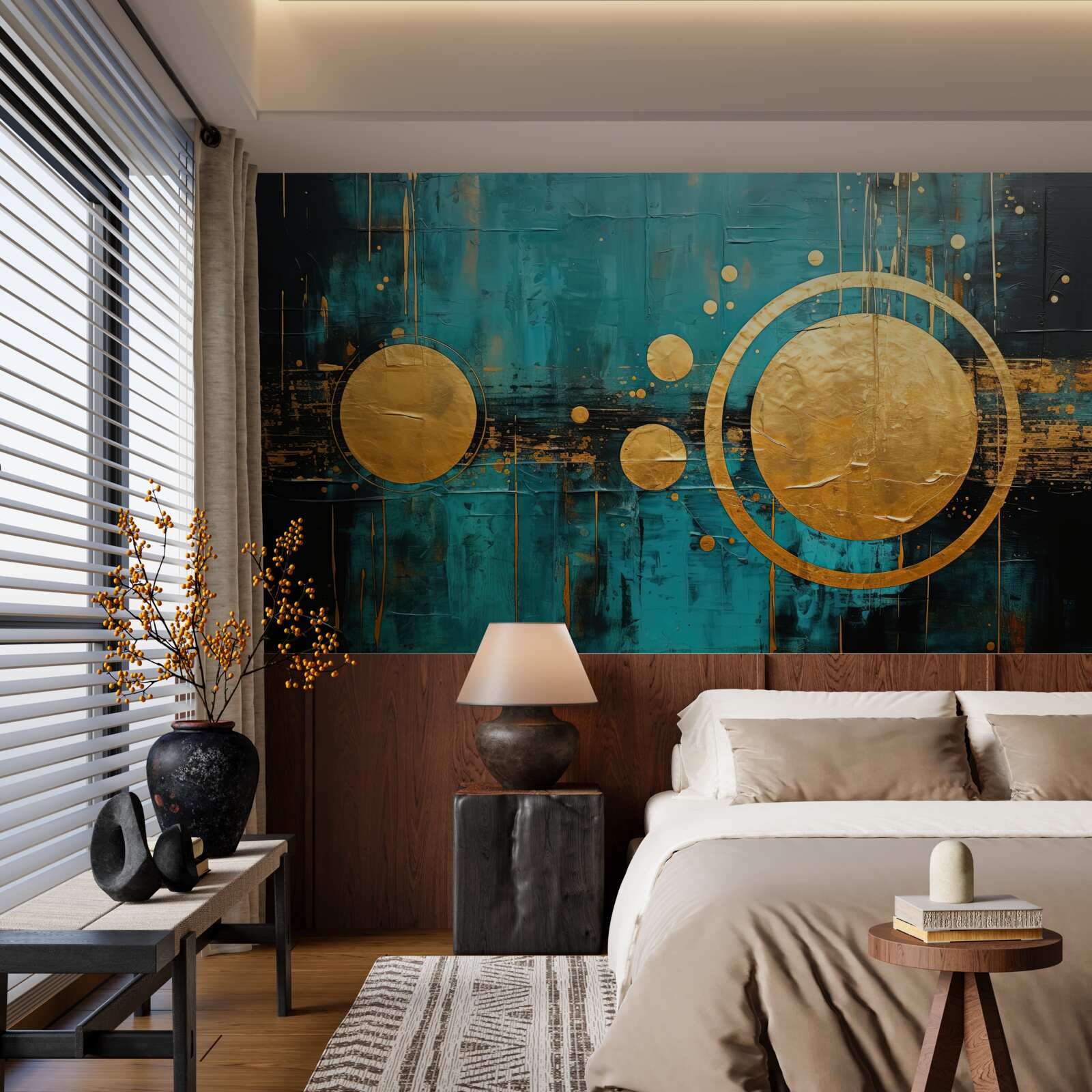 Papier peint fond turquoise avec cercles dorés