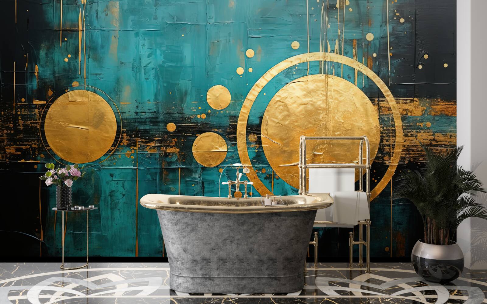 Papier peint fond turquoise avec cercles dorés