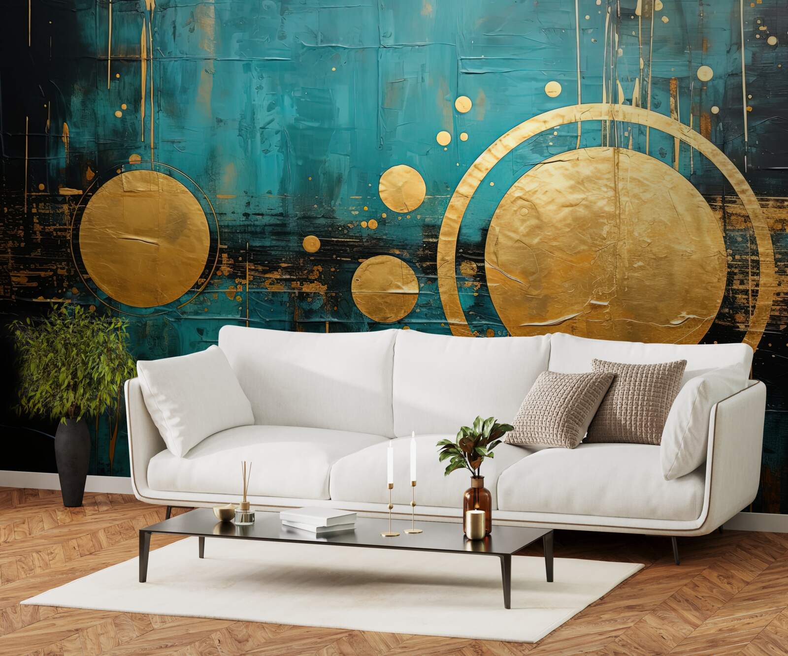 Papier peint fond turquoise avec cercles dorés