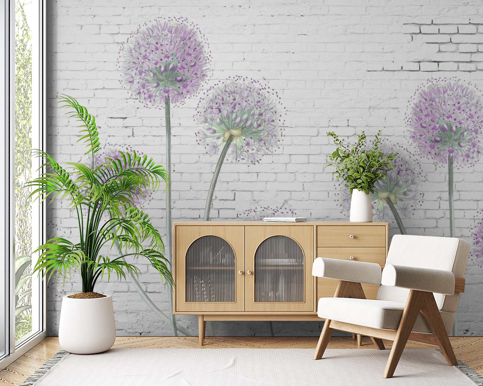 Papier peint grandes fleurs de pissenlit sur un mur de briques