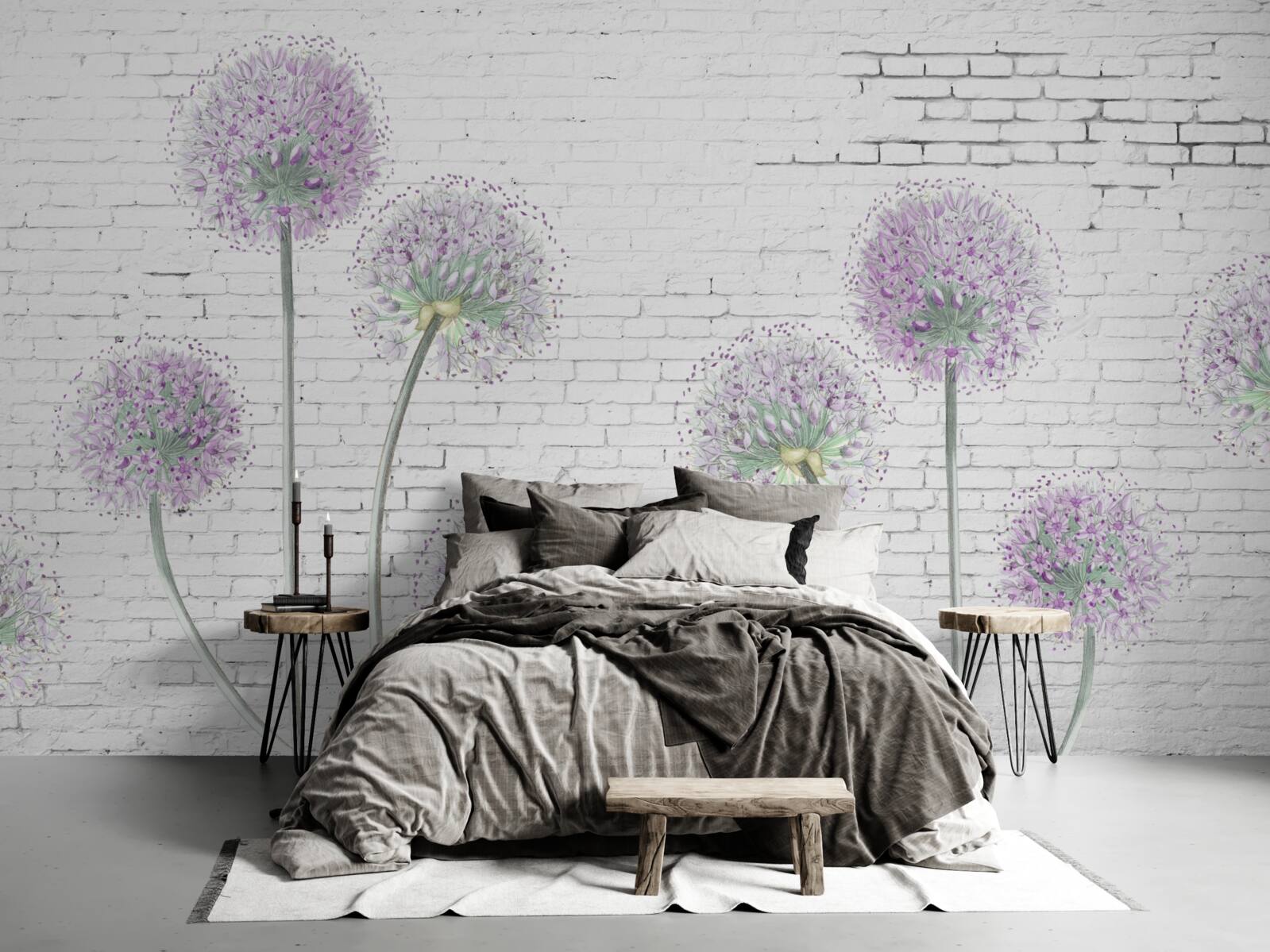 Papier peint grandes fleurs de pissenlit sur un mur de briques