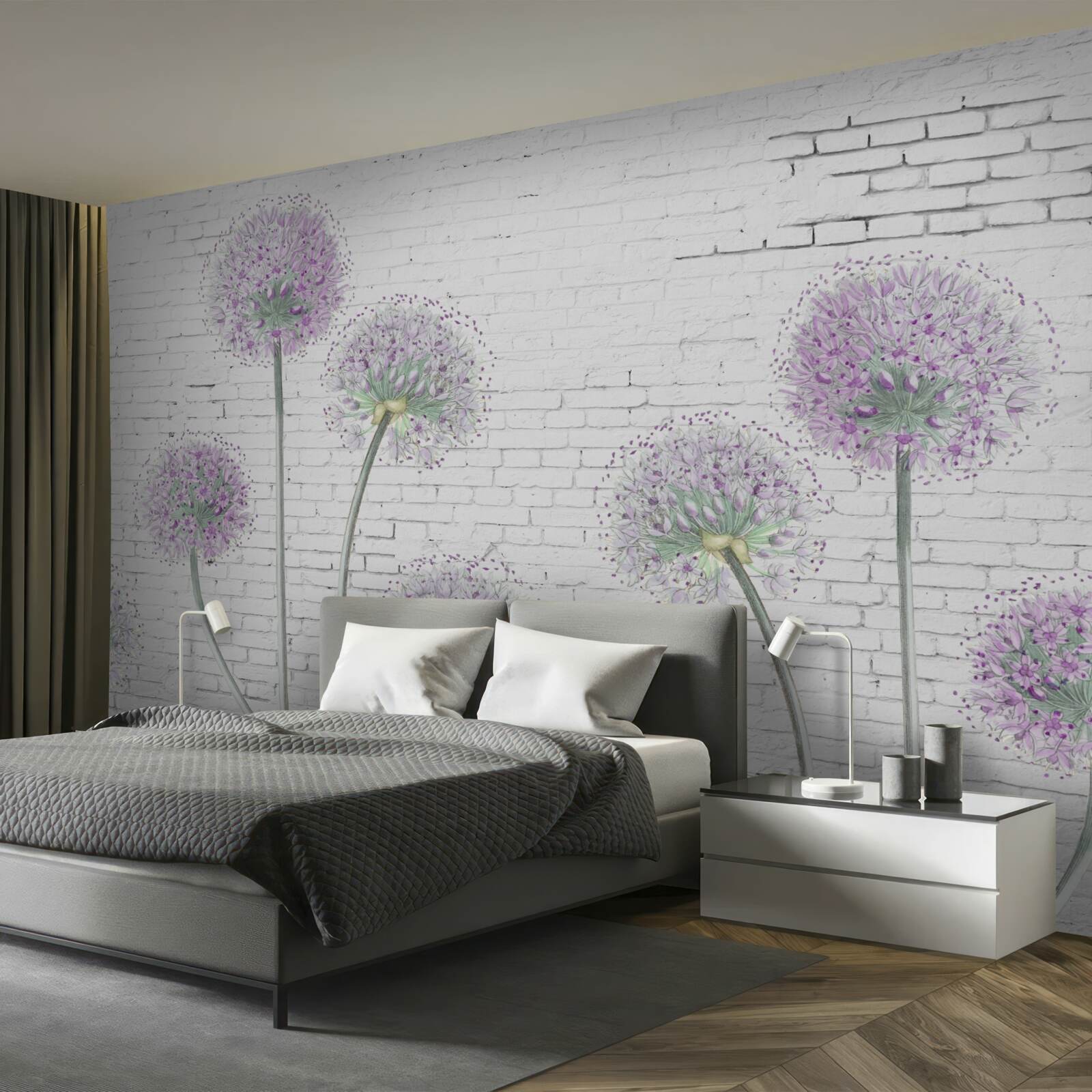 Papier peint grandes fleurs de pissenlit sur un mur de briques