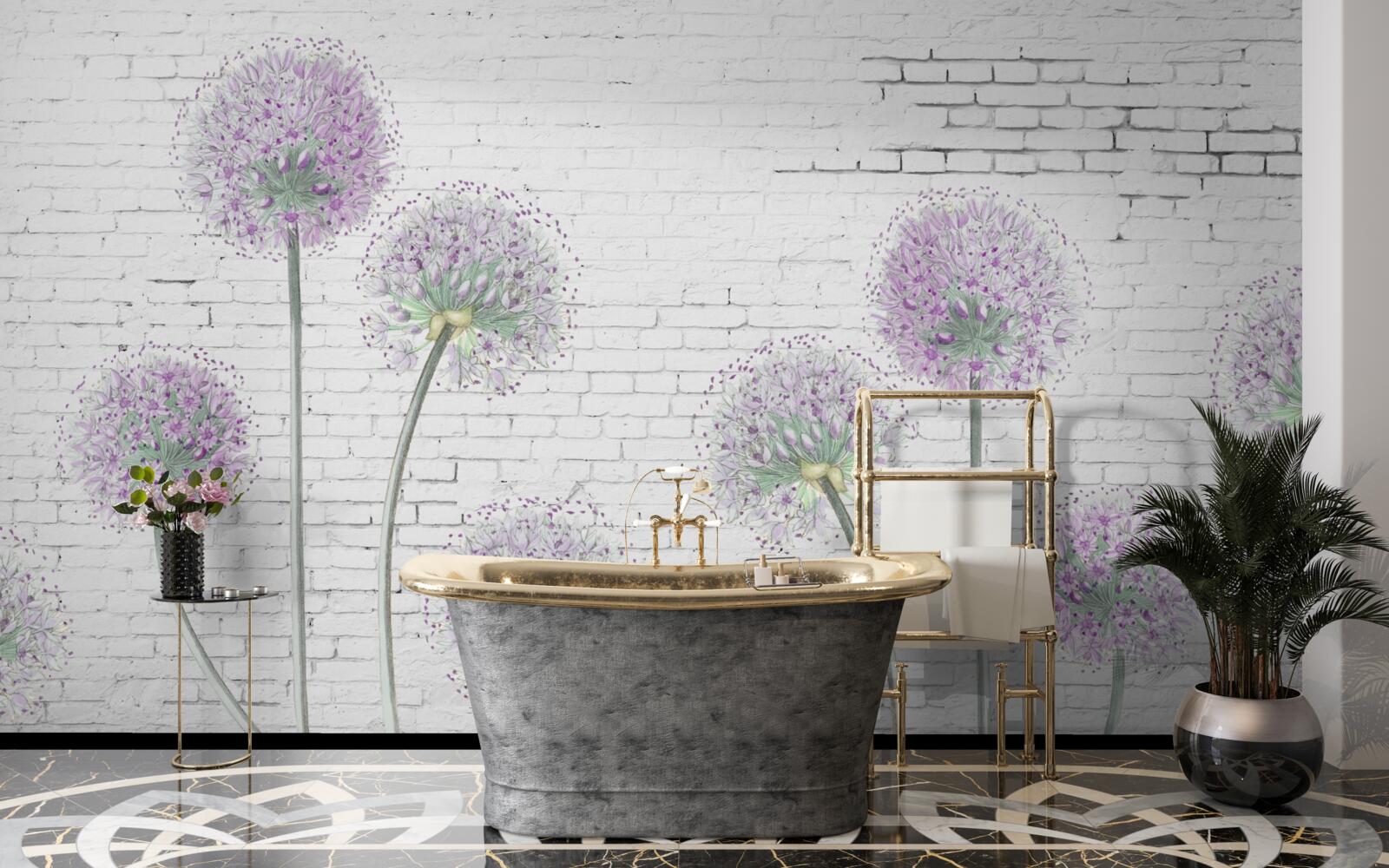 Papier peint grandes fleurs de pissenlit sur un mur de briques