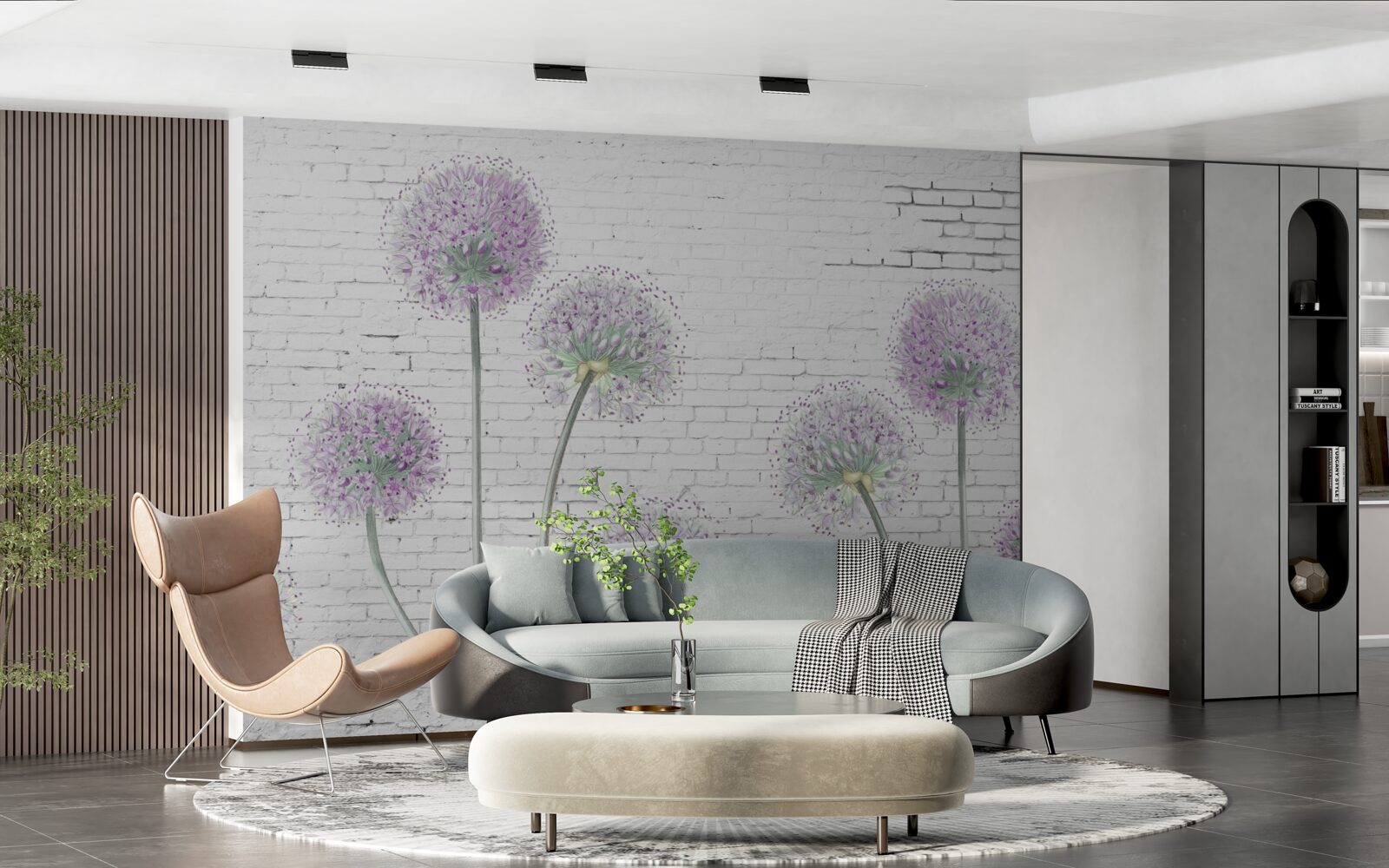 Papier peint grandes fleurs de pissenlit sur un mur de briques