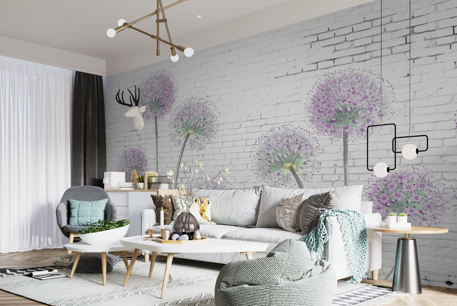 Papier peint grandes fleurs de pissenlit sur un mur de briques