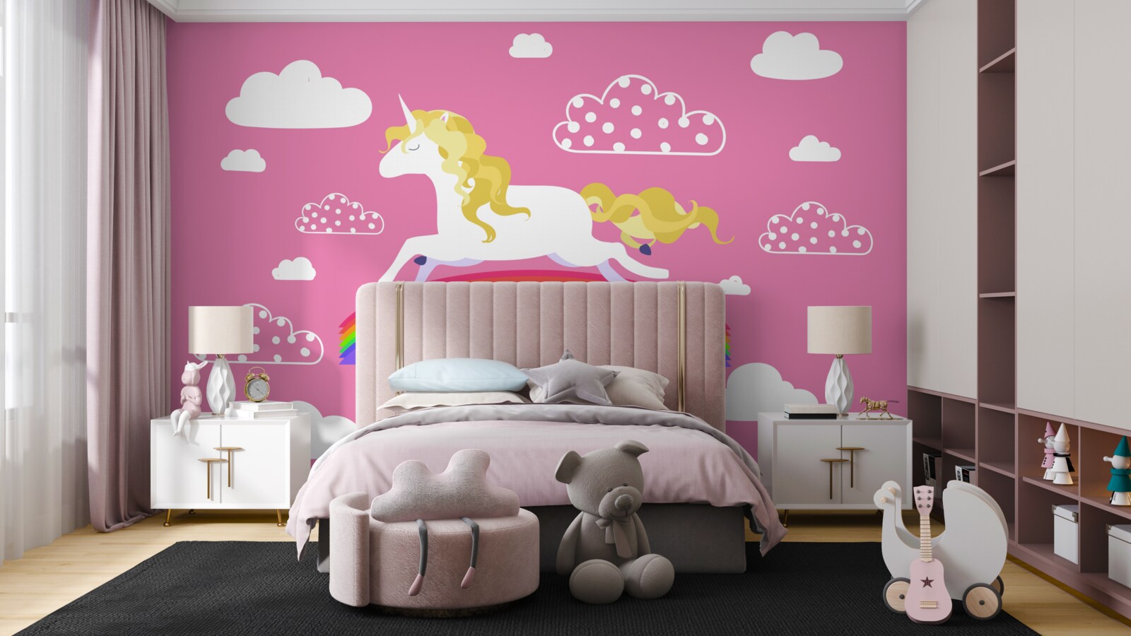 Papier peint Licorne courant sur un arc-en-ciel