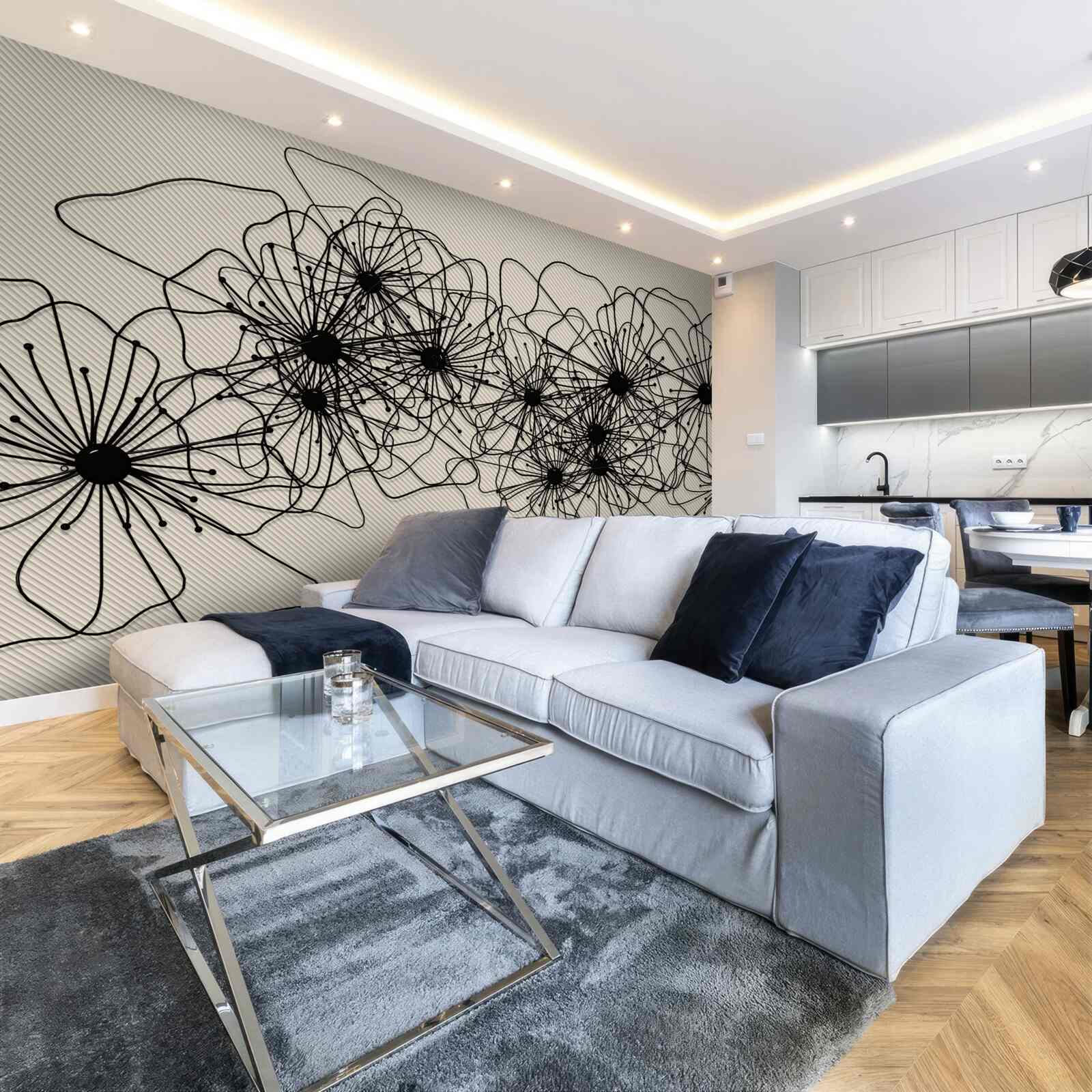 Papier peint fleurs de pavot abstraites sur fond brun