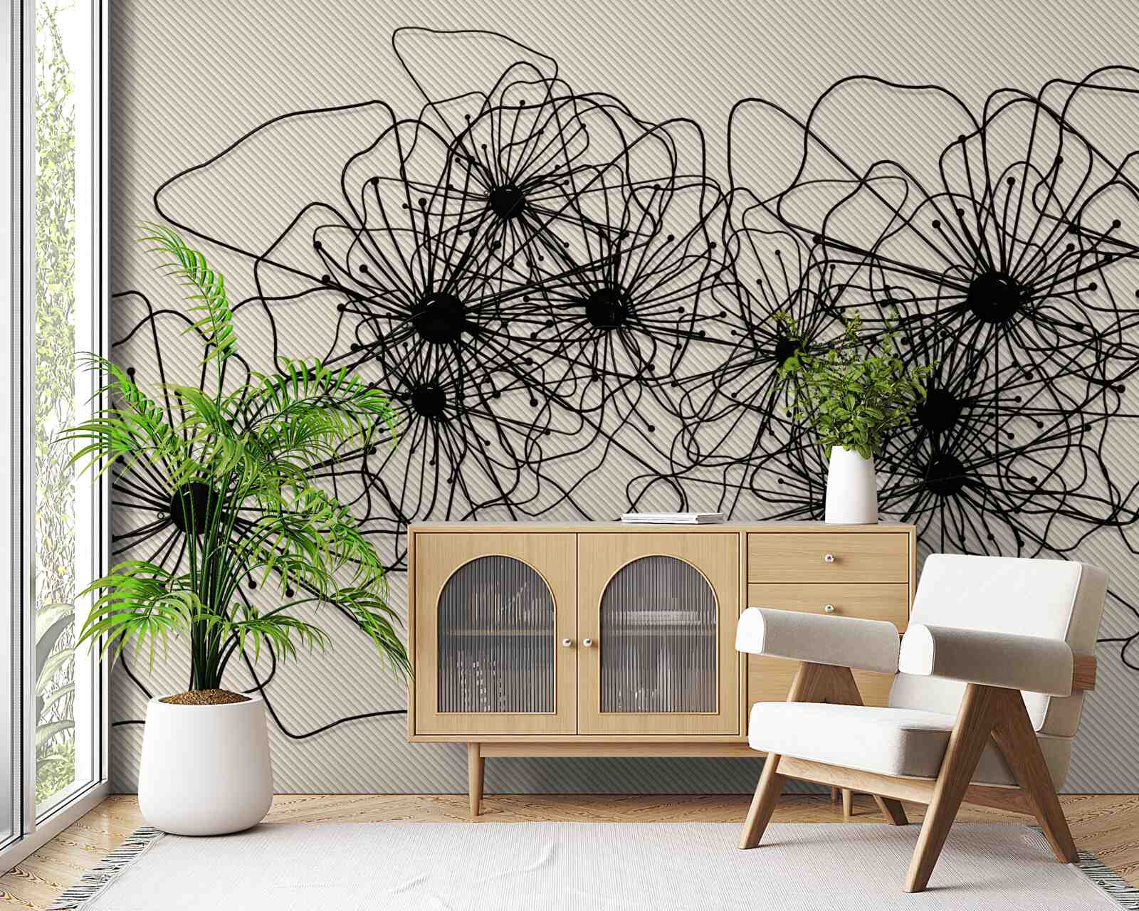 Papier peint fleurs de pavot abstraites sur fond brun