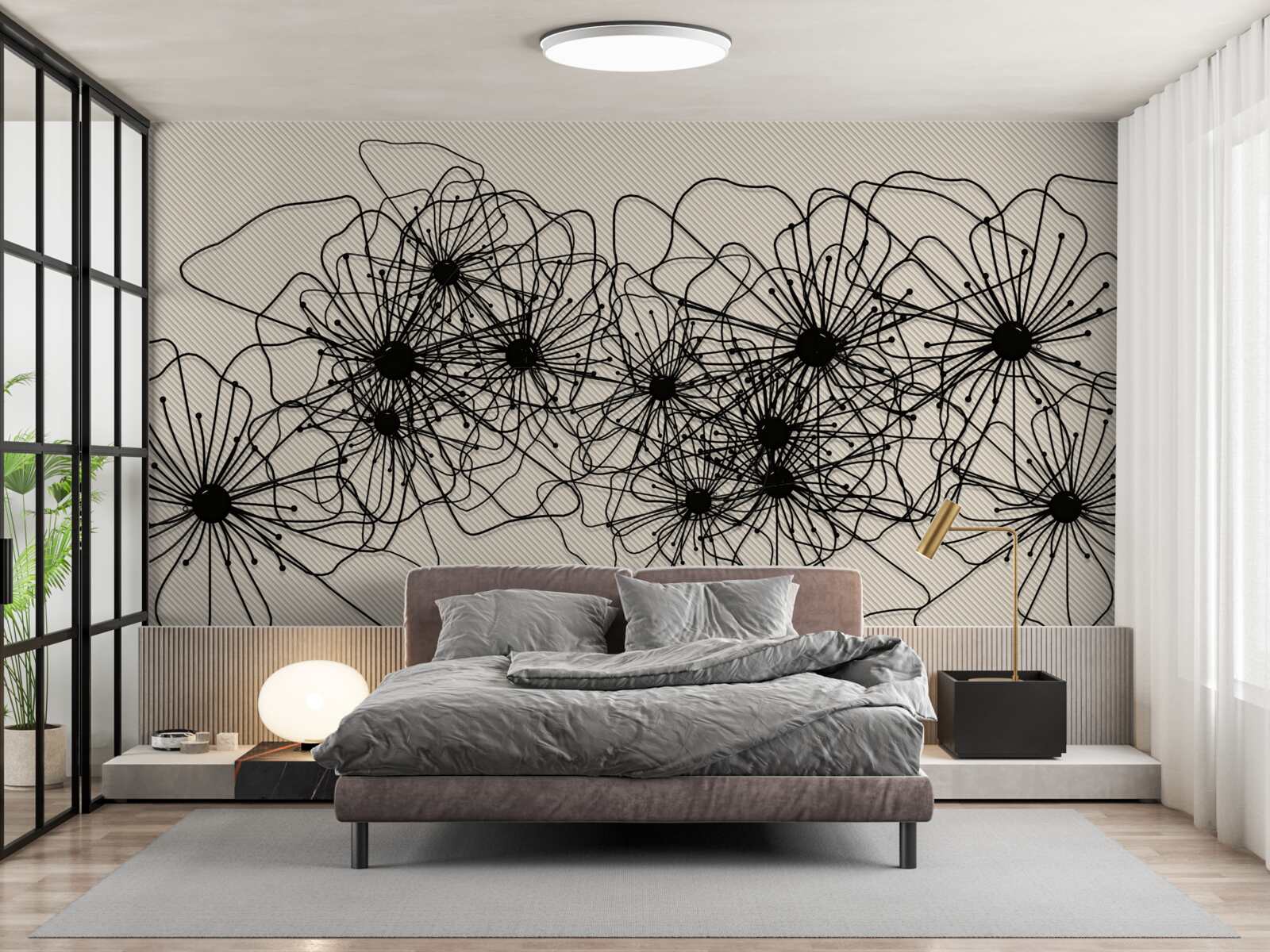 Papier peint fleurs de pavot abstraites sur fond brun