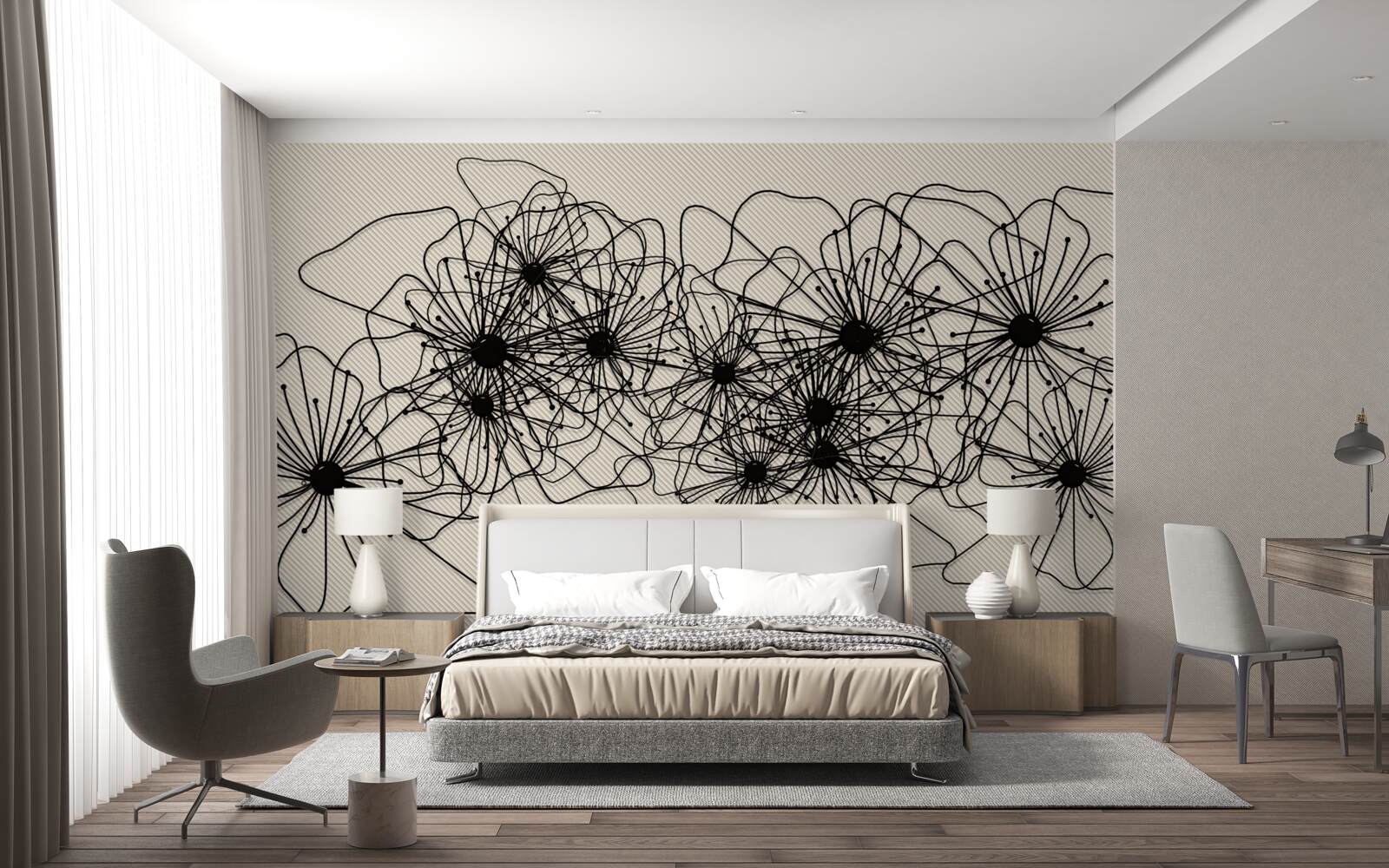 Papier peint fleurs de pavot abstraites sur fond brun