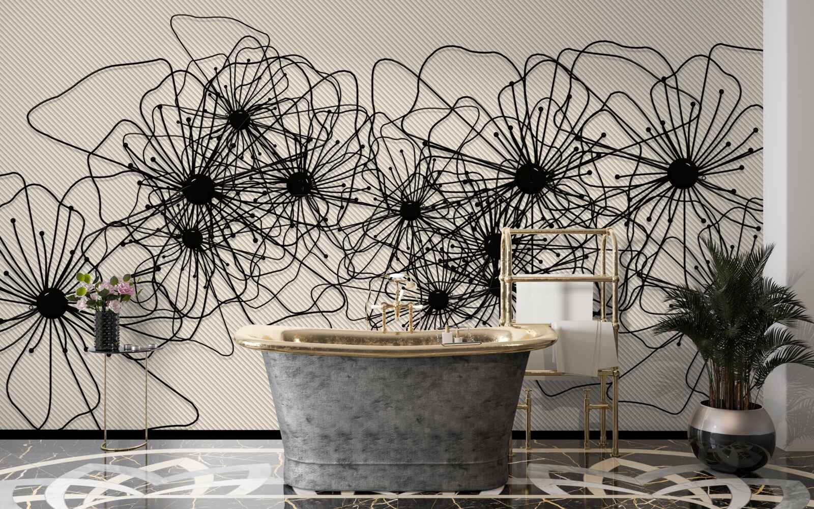 Papier peint fleurs de pavot abstraites sur fond brun