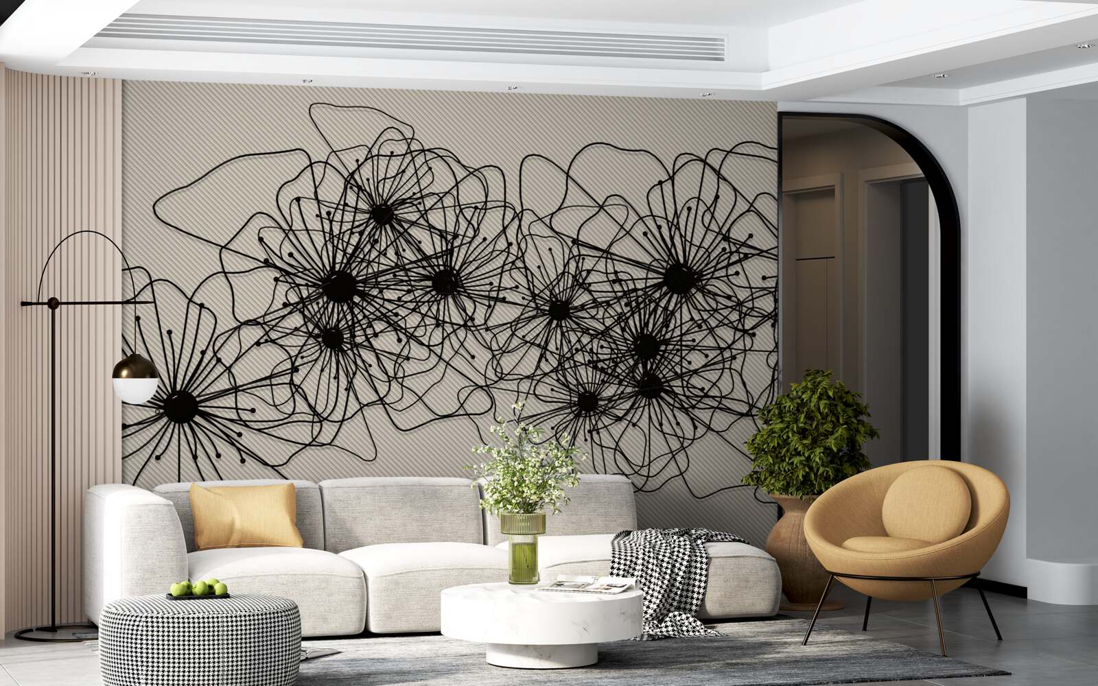 Papier peint fleurs de pavot abstraites sur fond brun