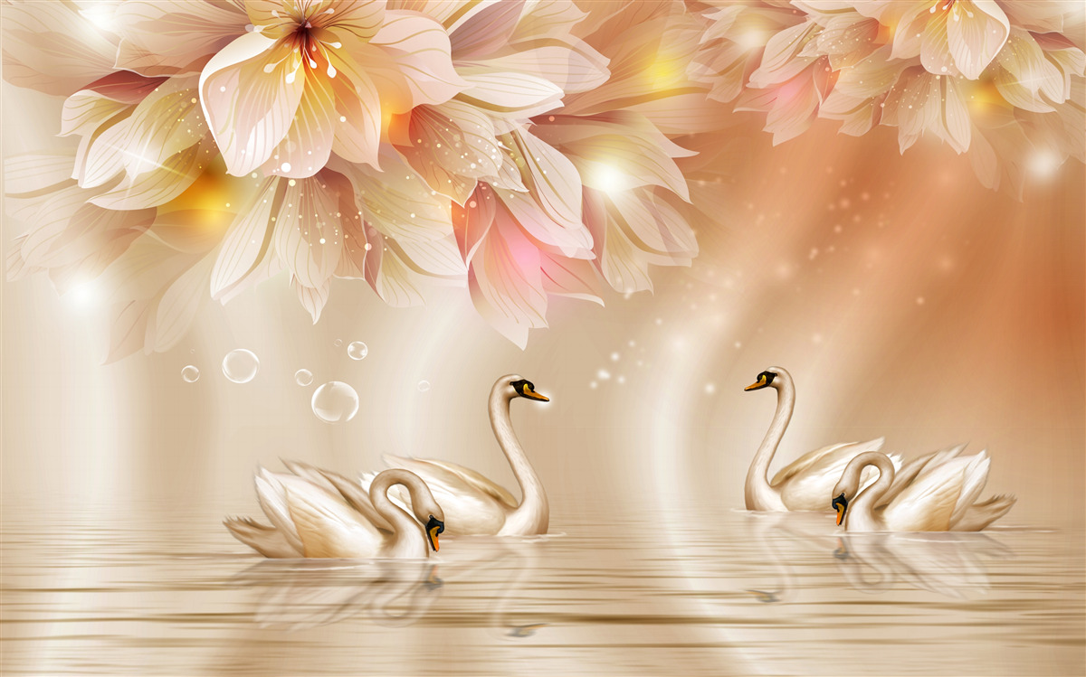 Papier peint des fleurs et un groupe de cygnes gracieux à la surface de l'eau