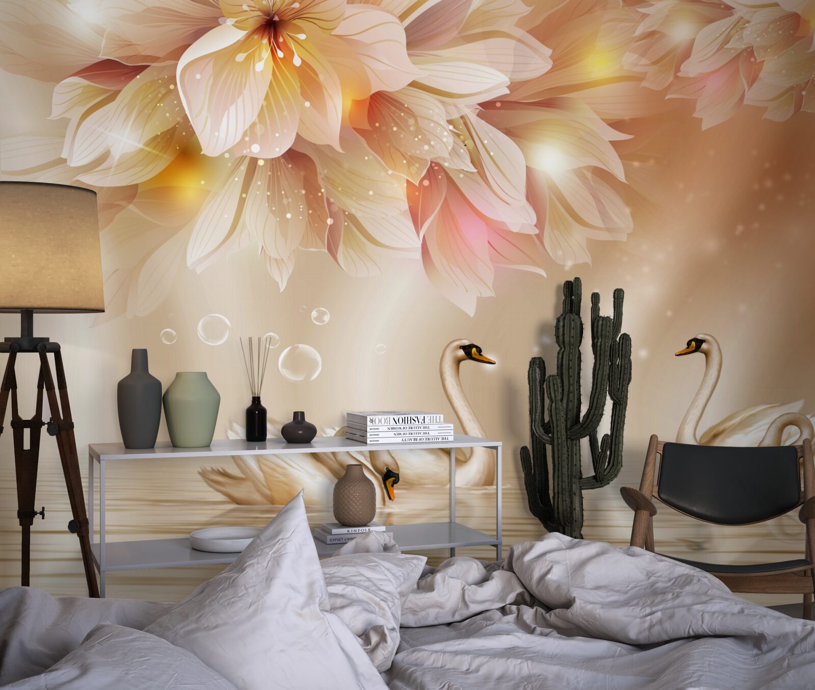 Papier peint des fleurs et un groupe de cygnes gracieux à la surface de l'eau