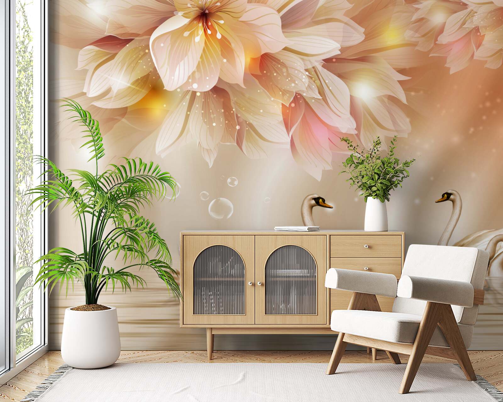 Papier peint des fleurs et un groupe de cygnes gracieux à la surface de l'eau