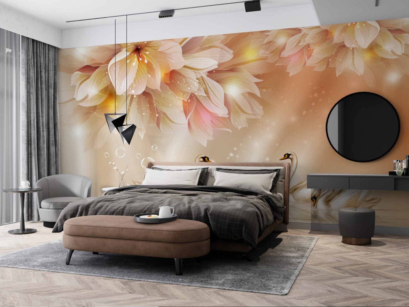 Papier peint des fleurs et un groupe de cygnes gracieux à la surface de l'eau