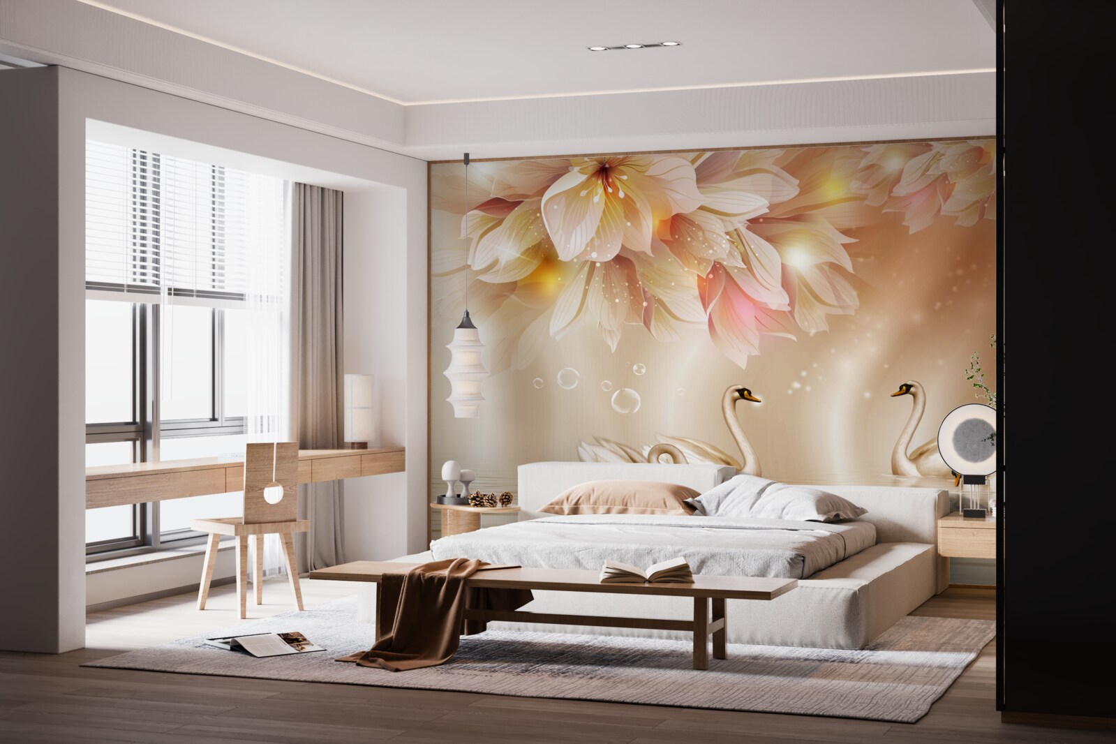 Papier peint des fleurs et un groupe de cygnes gracieux à la surface de l'eau