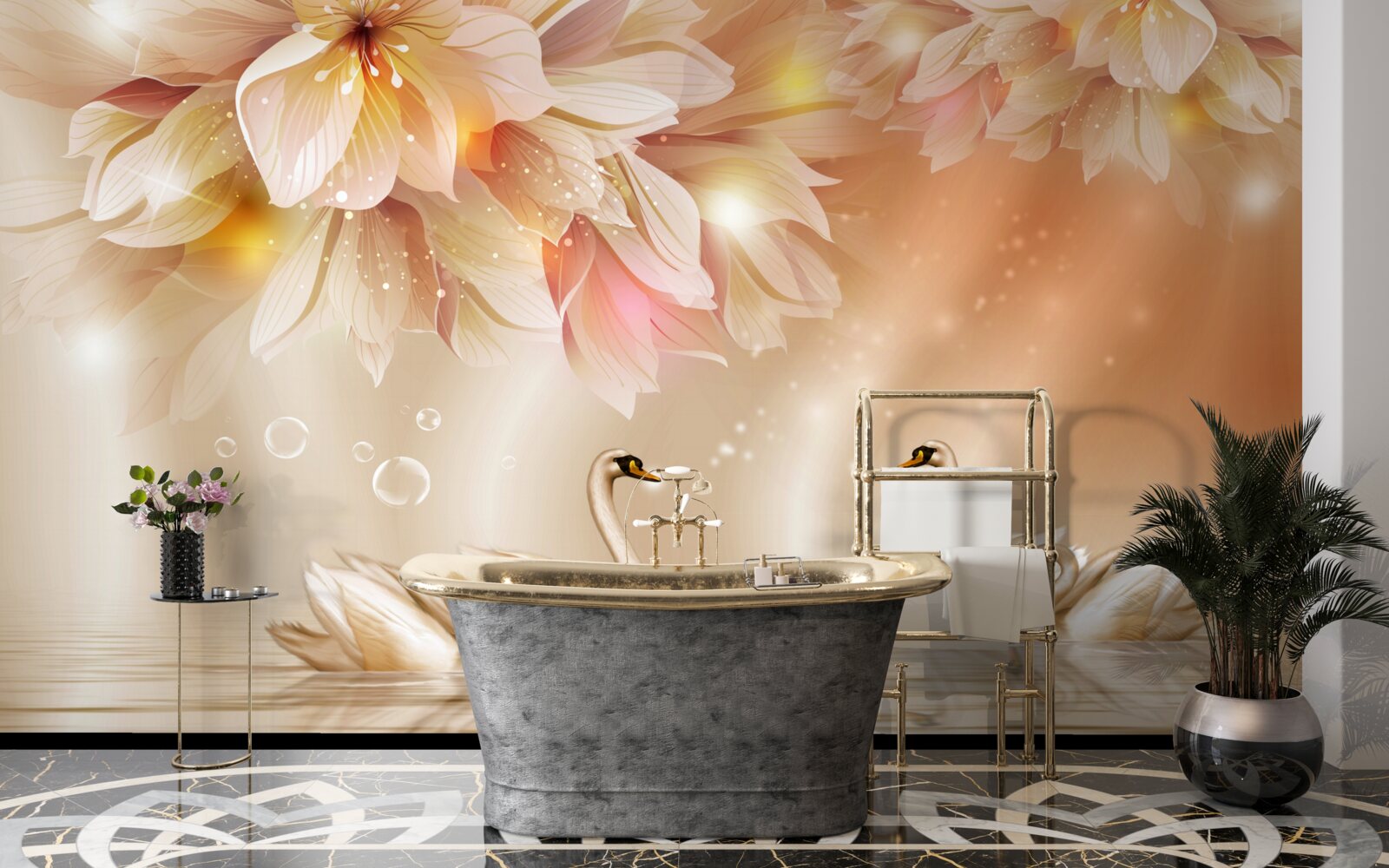 Papier peint des fleurs et un groupe de cygnes gracieux à la surface de l'eau