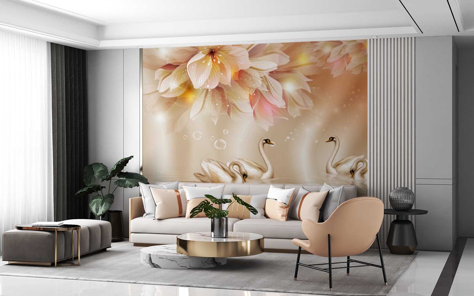 Papier peint des fleurs et un groupe de cygnes gracieux à la surface de l'eau