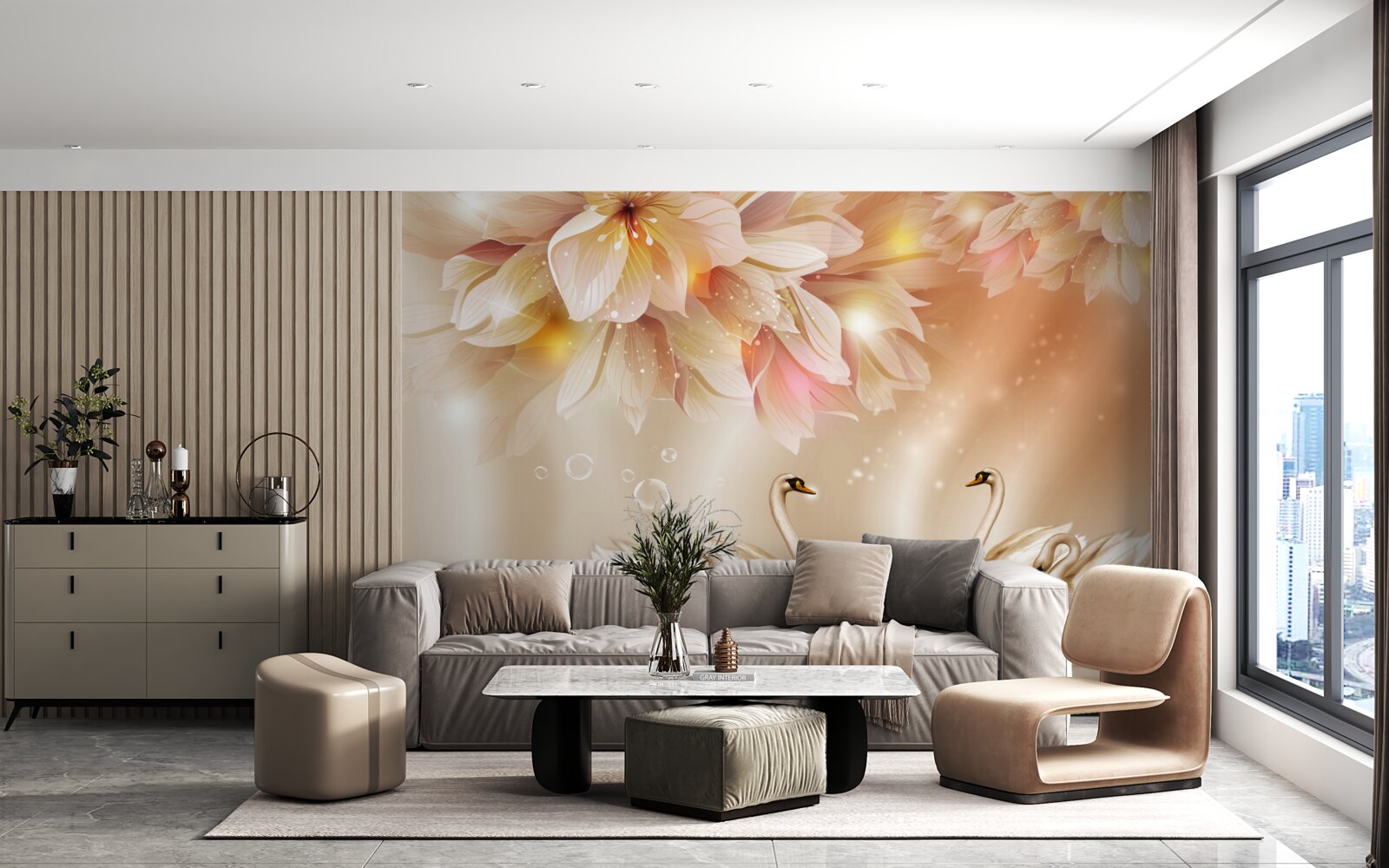 Papier peint des fleurs et un groupe de cygnes gracieux à la surface de l'eau