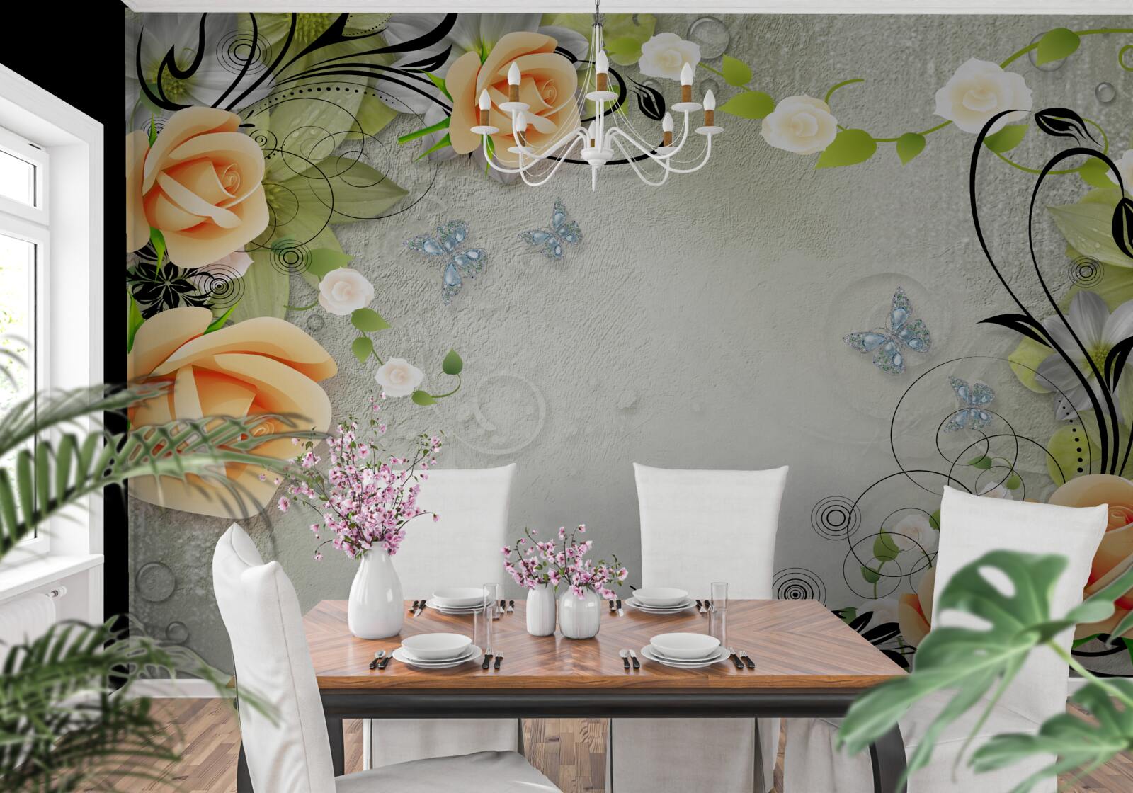 Papier peint papillons sur les branches d'un rosier pêche