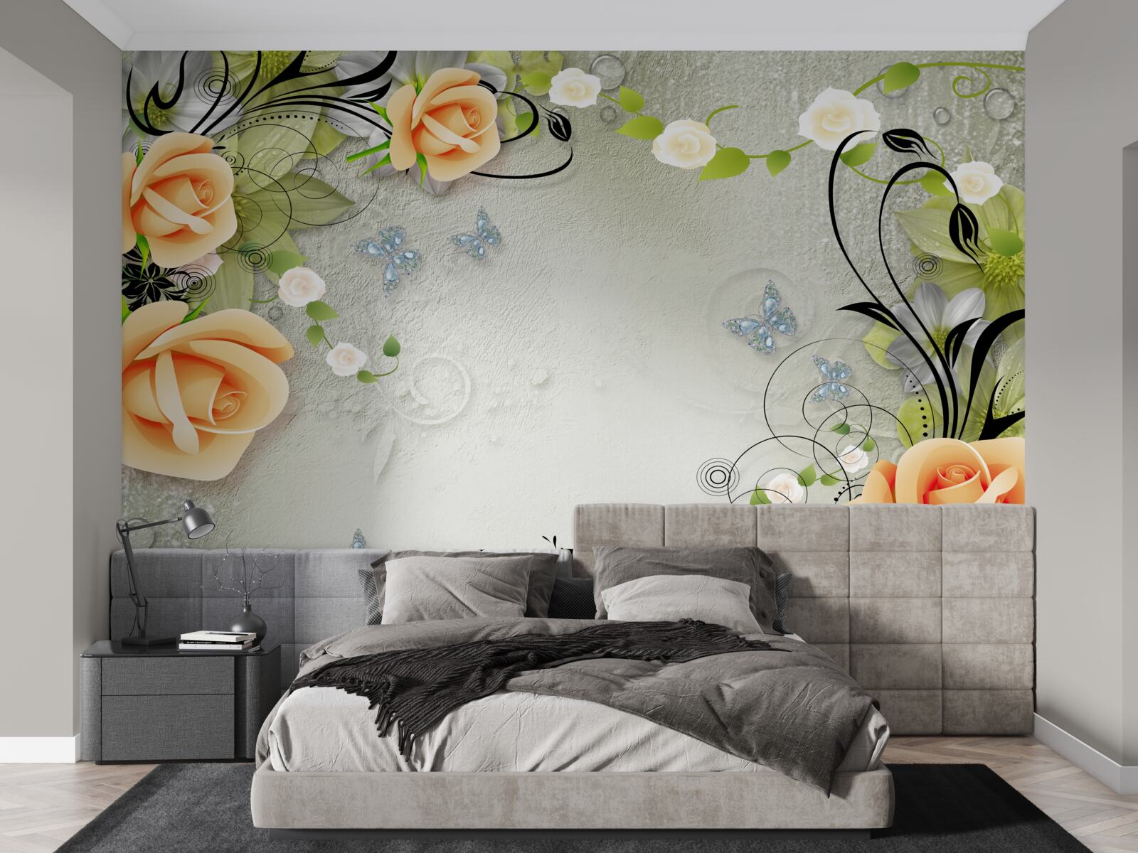 Papier peint papillons sur les branches d'un rosier pêche