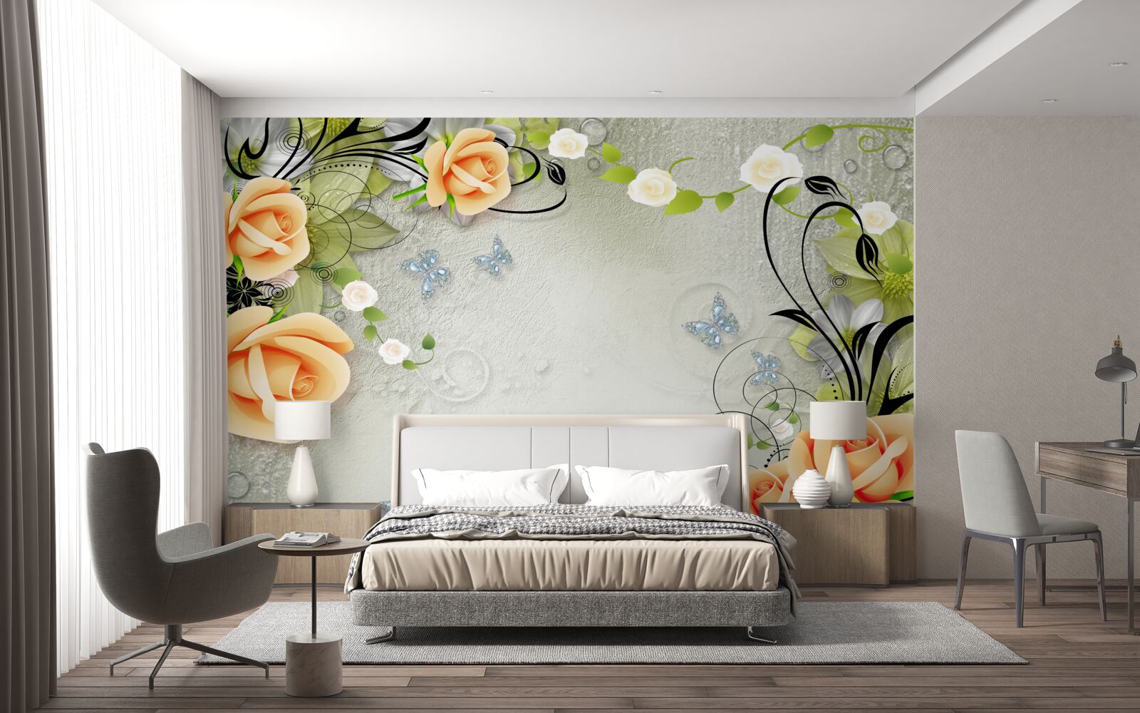 Papier peint papillons sur les branches d'un rosier pêche