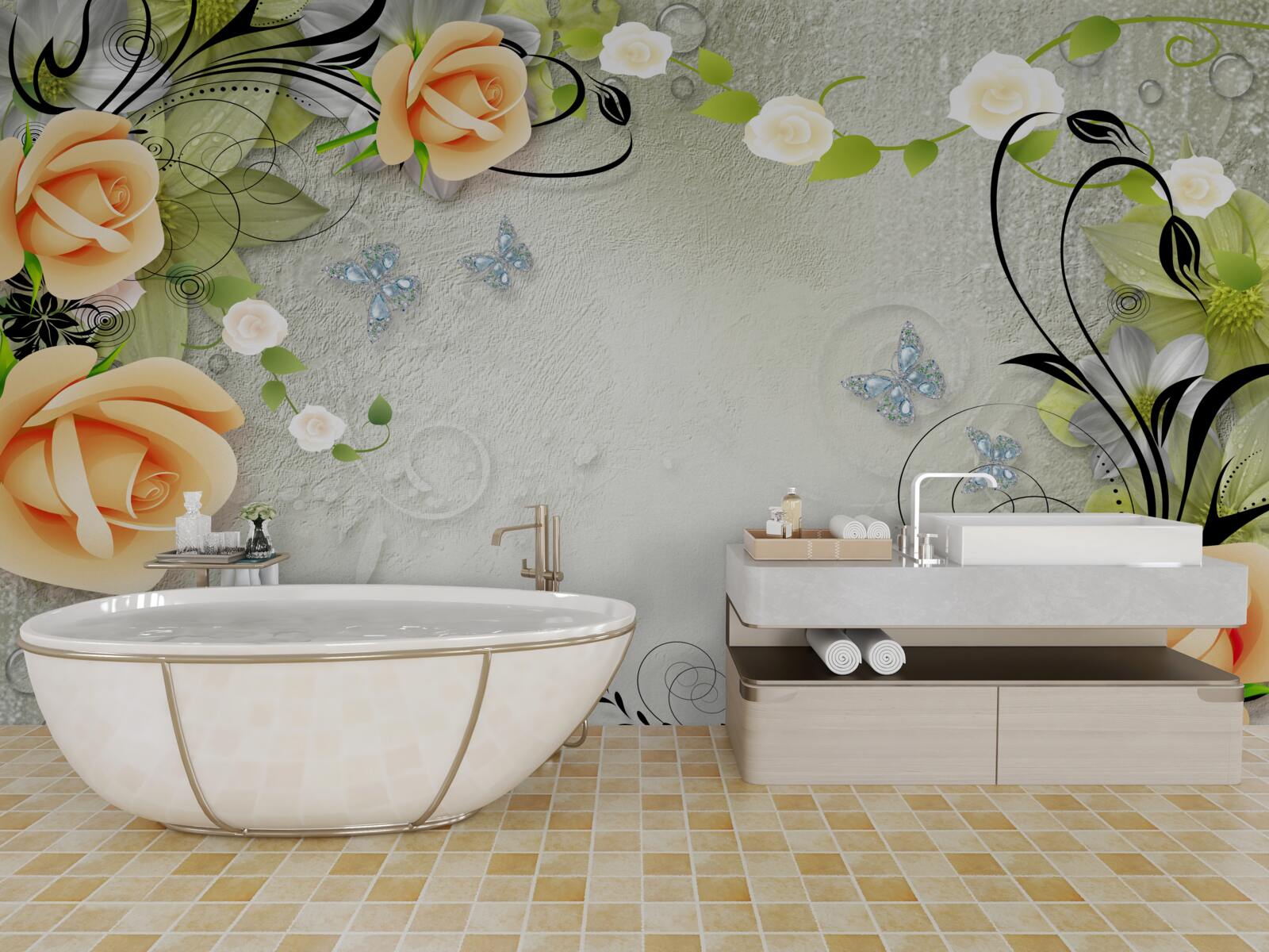 Papier peint papillons sur les branches d'un rosier pêche