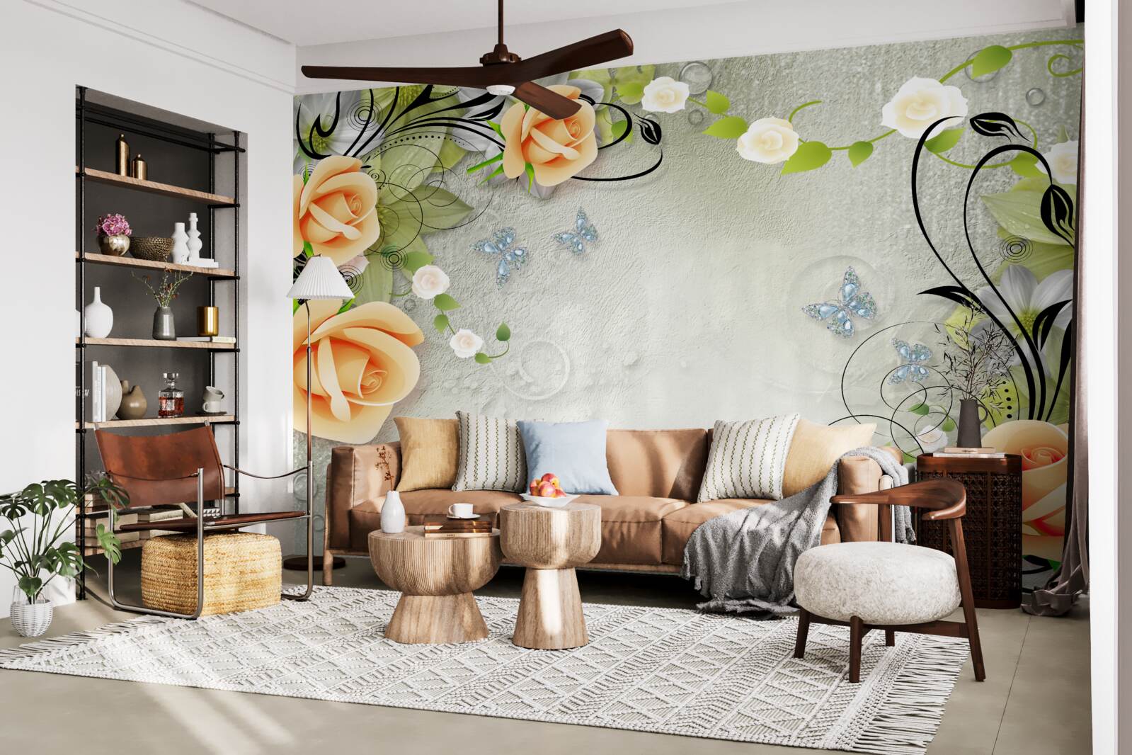 Papier peint papillons sur les branches d'un rosier pêche