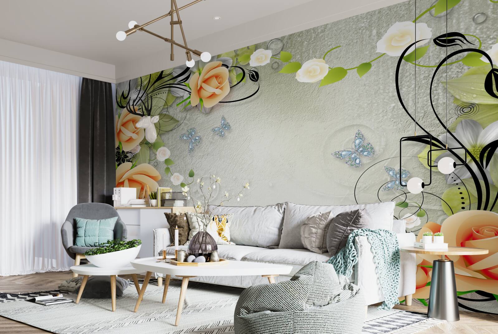 Papier peint papillons sur les branches d'un rosier pêche