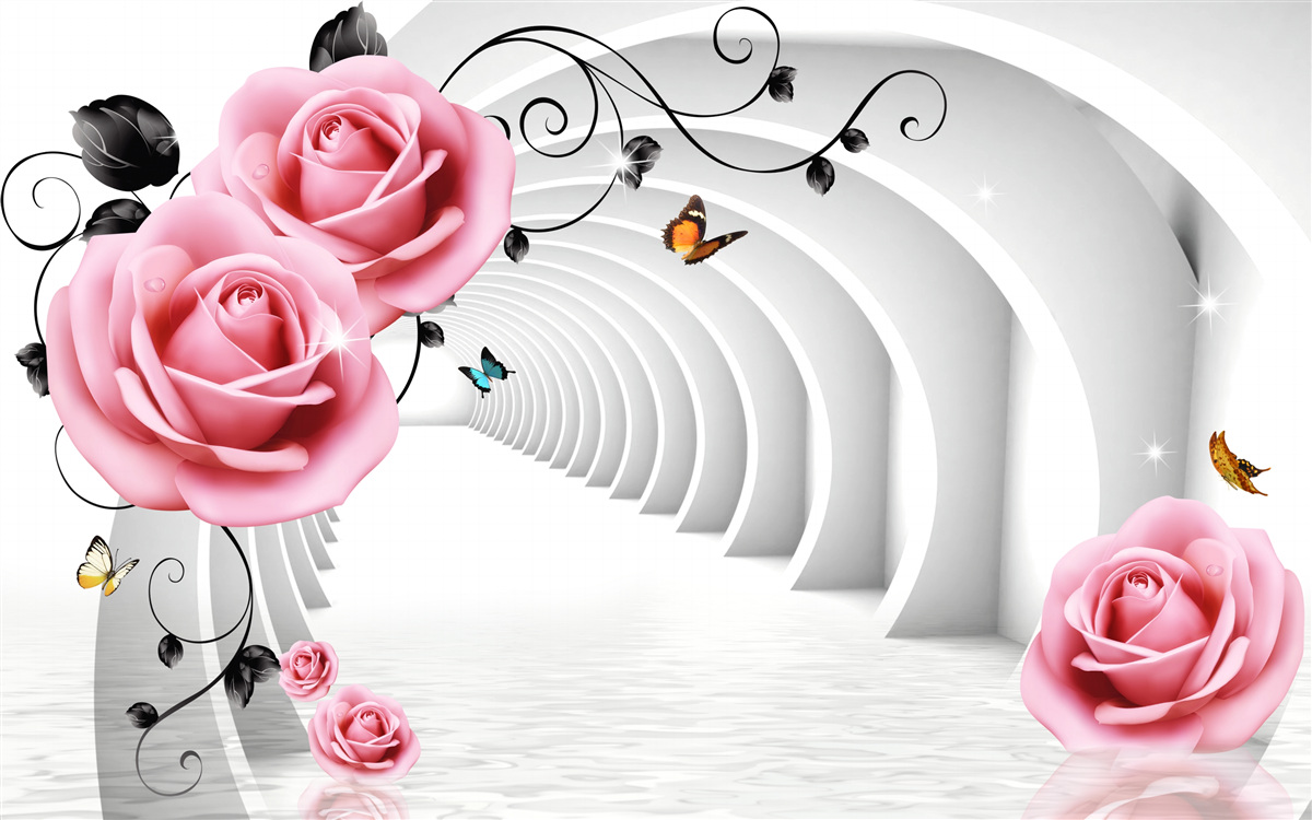 Papier peint passage incandescent continu et fleurs rosées