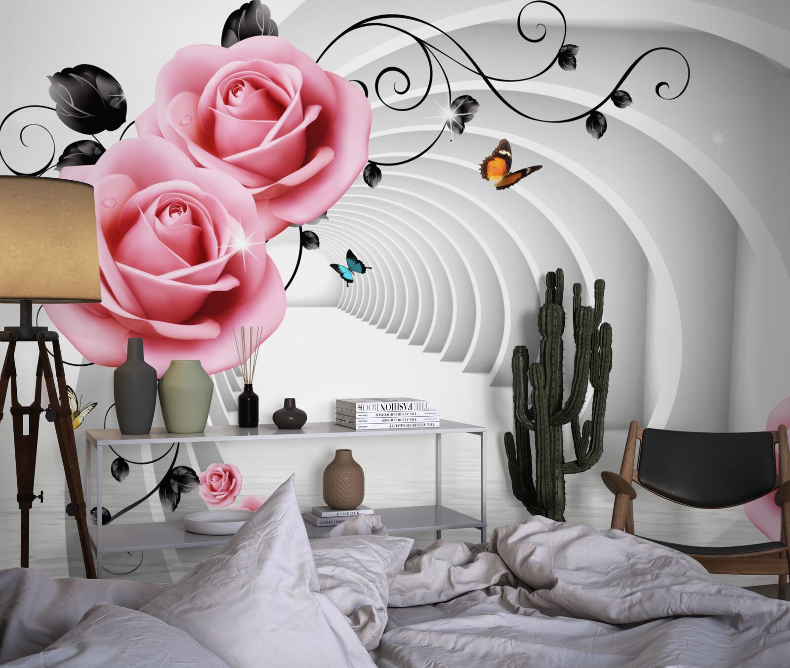 Papier peint passage incandescent continu et fleurs rosées