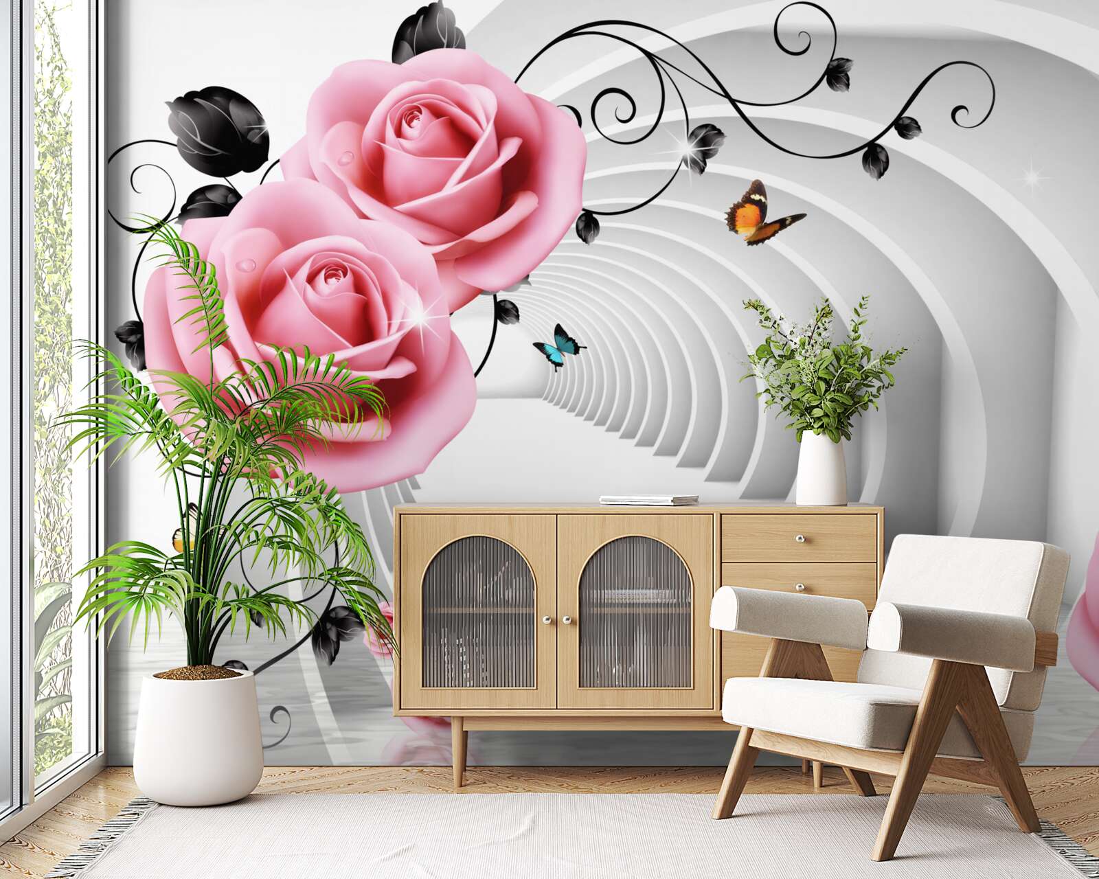 Papier peint passage incandescent continu et fleurs rosées