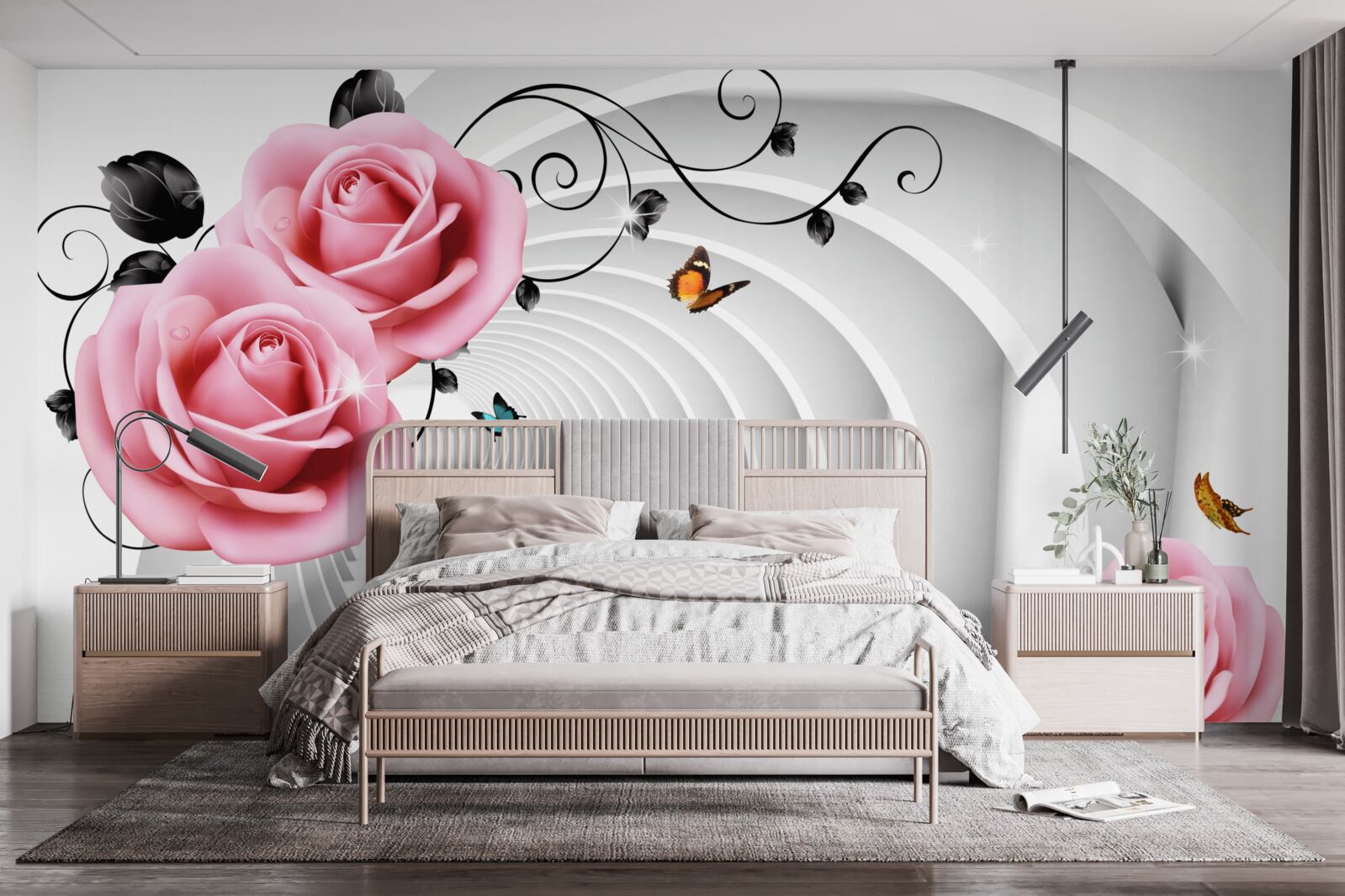 Papier peint passage incandescent continu et fleurs rosées