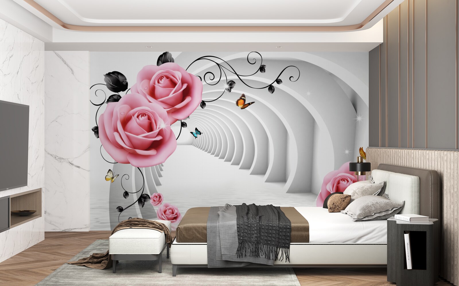 Papier peint passage incandescent continu et fleurs rosées