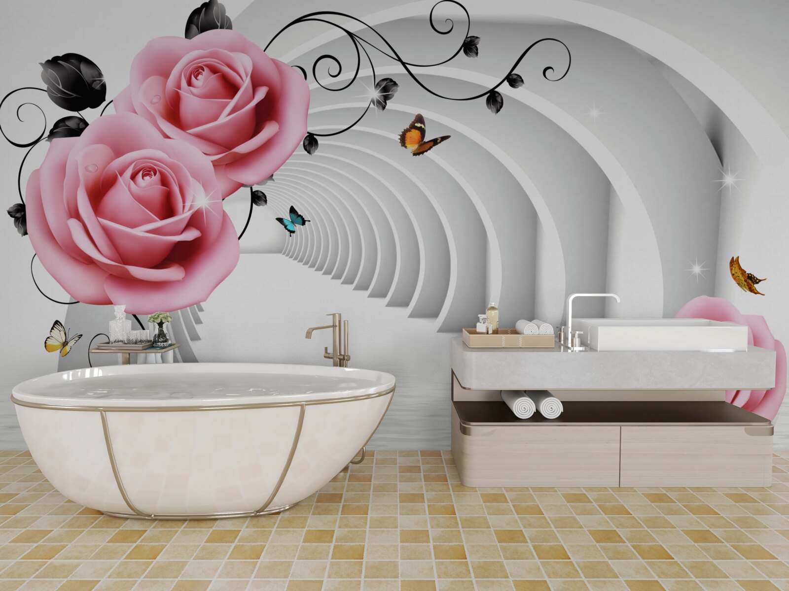 Papier peint passage incandescent continu et fleurs rosées